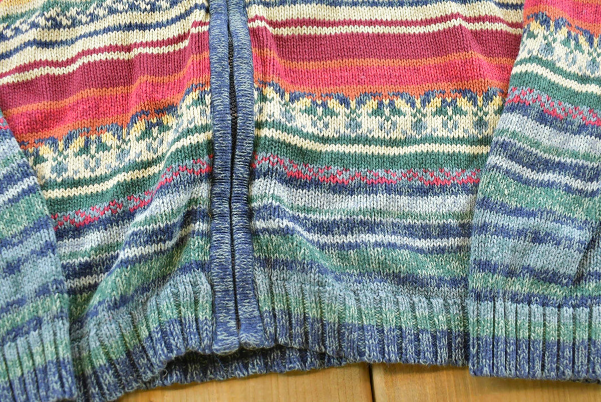Vintage 2003 Tiara Striped Abstract Cotton Knit Full Zip Up Cardigan Sweater Women's L / 00s Streetwear / Y2K Cozy Sweatshirt from propervintagecanada