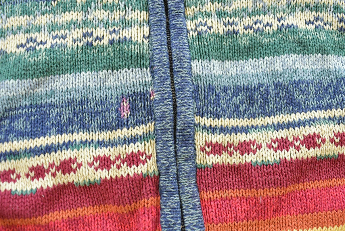 Vintage 2003 Tiara Striped Abstract Cotton Knit Full Zip Up Cardigan Sweater Women's L / 00s Streetwear / Y2K Cozy Sweatshirt from propervintagecanada