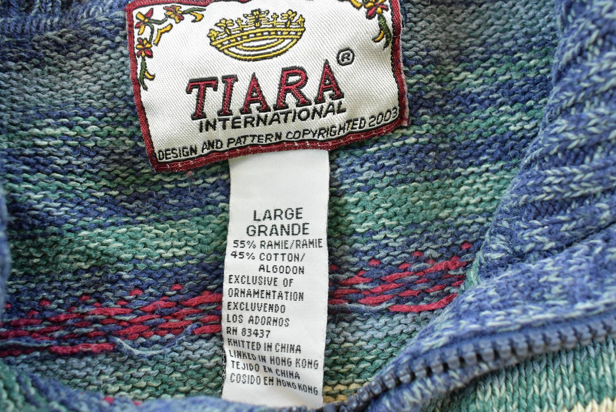 Vintage 2003 Tiara Striped Abstract Cotton Knit Full Zip Up Cardigan Sweater Women's L / 00s Streetwear / Y2K Cozy Sweatshirt from propervintagecanada
