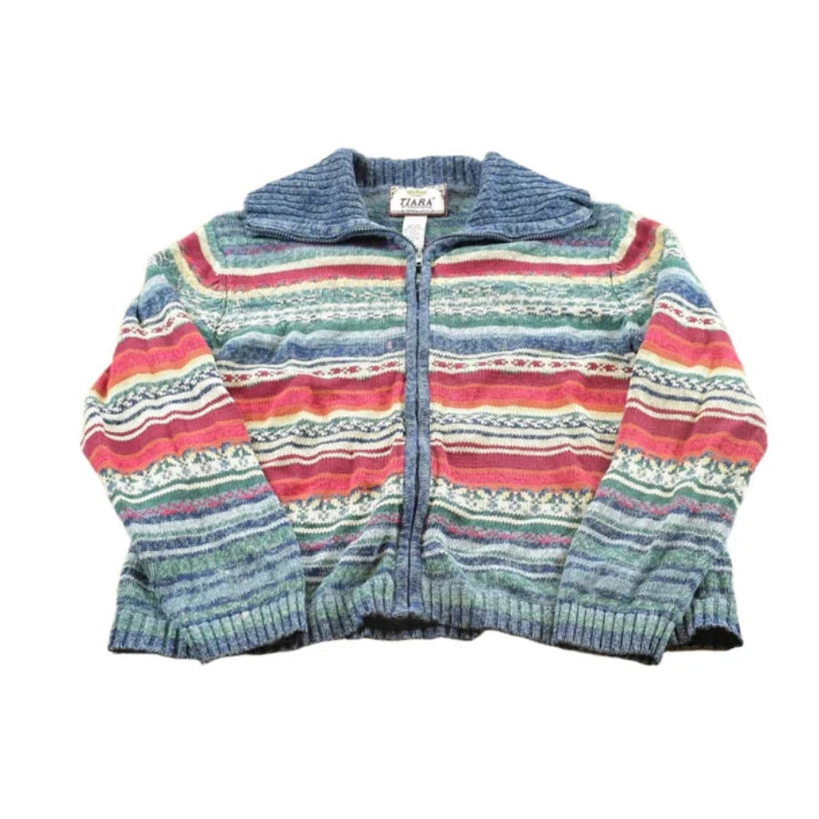 Vintage 2003 Tiara Striped Abstract Cotton Knit Full Zip Up Cardigan Sweater Women's L / 00s Streetwear / Y2K Cozy Sweatshirt from propervintagecanada