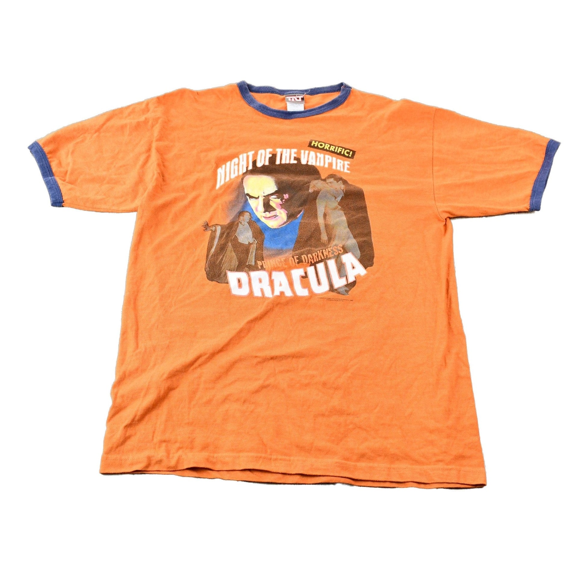 Vintage 2005 Dracula Night of the Vampire Orange and Blue Ringer Graphic T-Shirt Men's Large from propervintagecanada