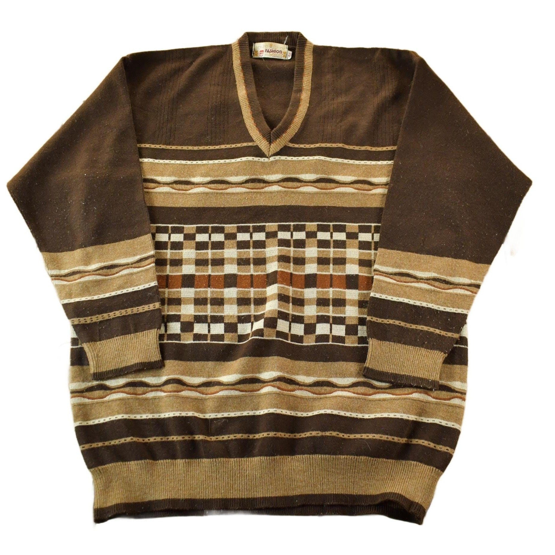 Vintage 70s 80s Fashion Guide Knit Abstract Pattern V Neck Sweater Men's L from propervintagecanada