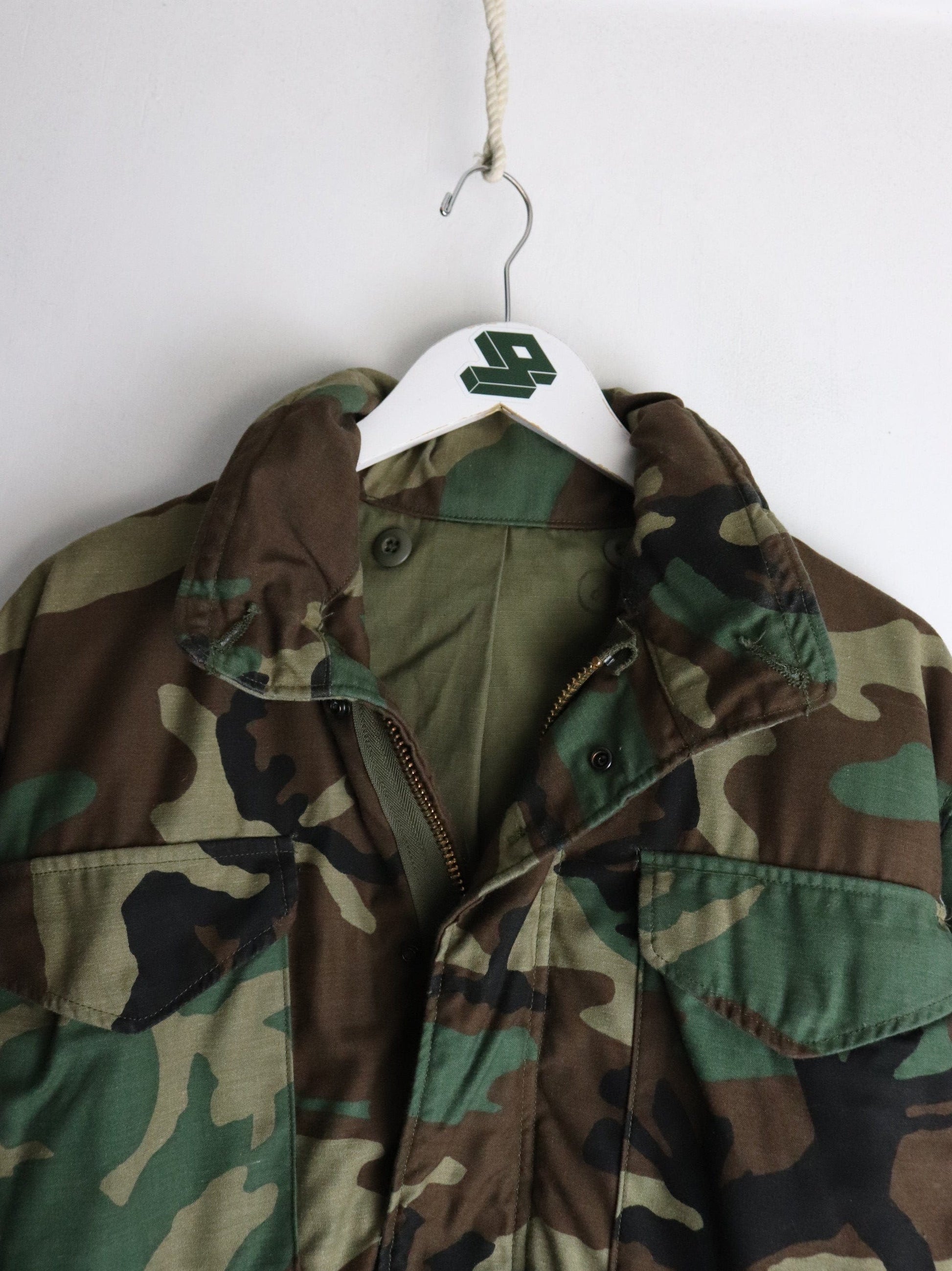 Vintage 80s Military Jacket Mens Small Green Camo from propervintagecanada