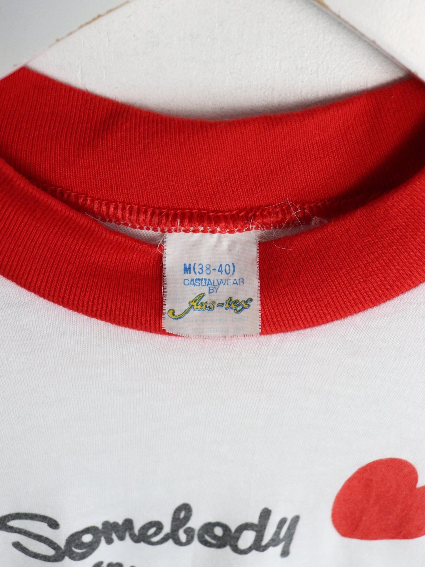 Vintage 80s Somebody in Pittsburgh Loves Me T Shirt Mens Small White Ringer from propervintagecanada