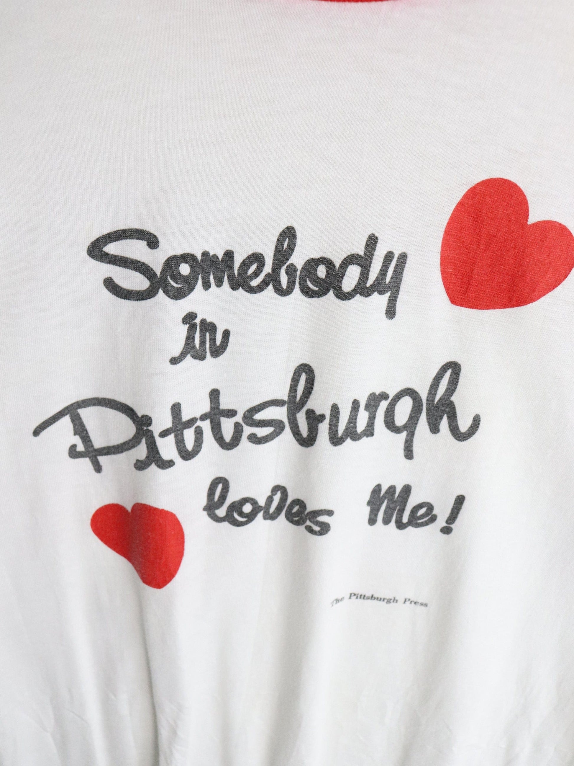 Vintage 80s Somebody in Pittsburgh Loves Me T Shirt Mens Small White Ringer from propervintagecanada