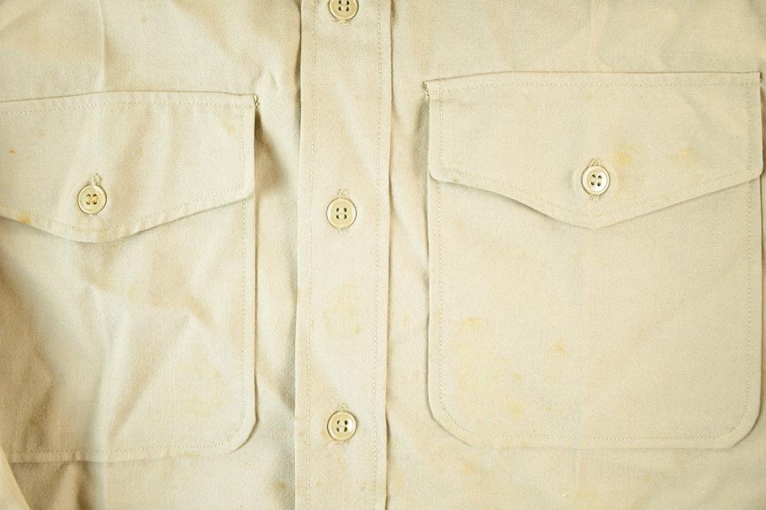Vintage 80s Tan Military Button-Up Shirt Men's M from propervintagecanada