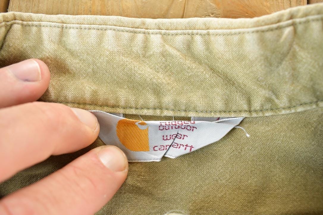 Vintage 90s Carhartt Button Up Shirt Olive Tan Heavy Cotton Mens L from propervintagecanada