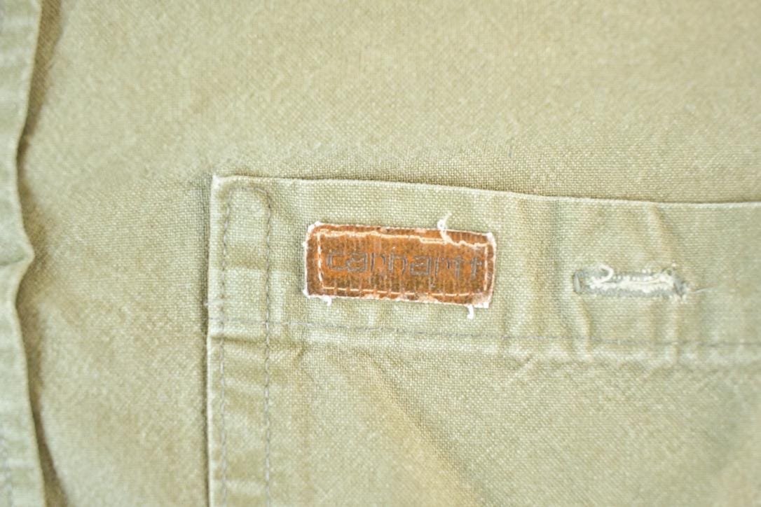 Vintage 90s Carhartt Button Up Shirt Olive Tan Heavy Cotton Mens L from propervintagecanada