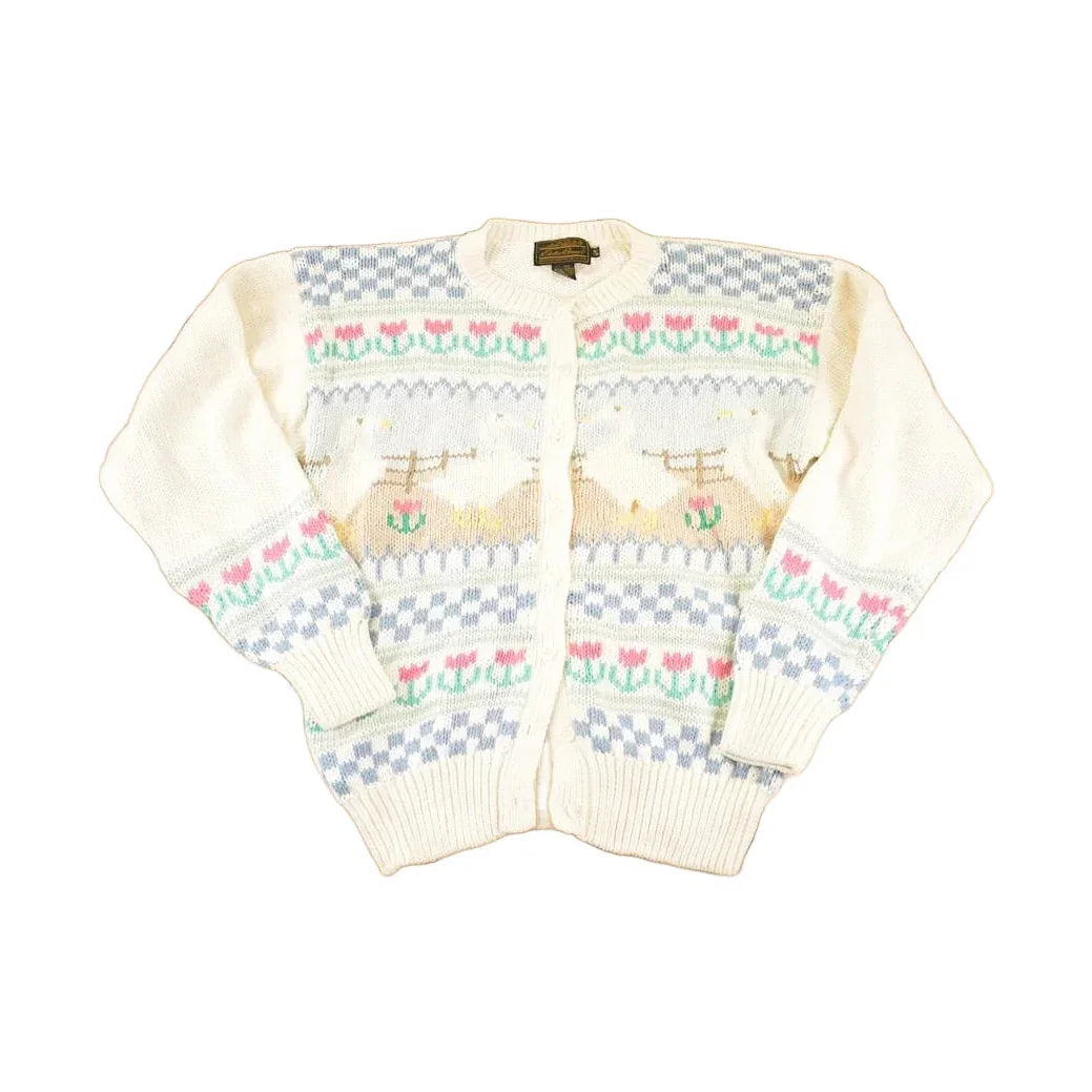 Vintage 90s Eddie Bauer Cardigan: Abstract Floral Knit, Women's M from propervintagecanada