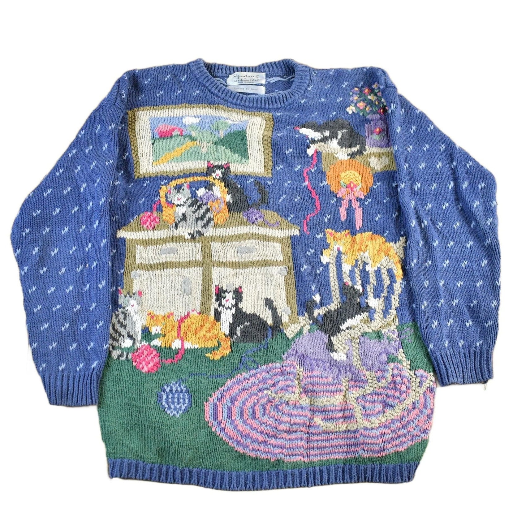 Vintage 90s Hand Knit Cat Sweater Abstract 3D Crewneck Men's Large from propervintagecanada