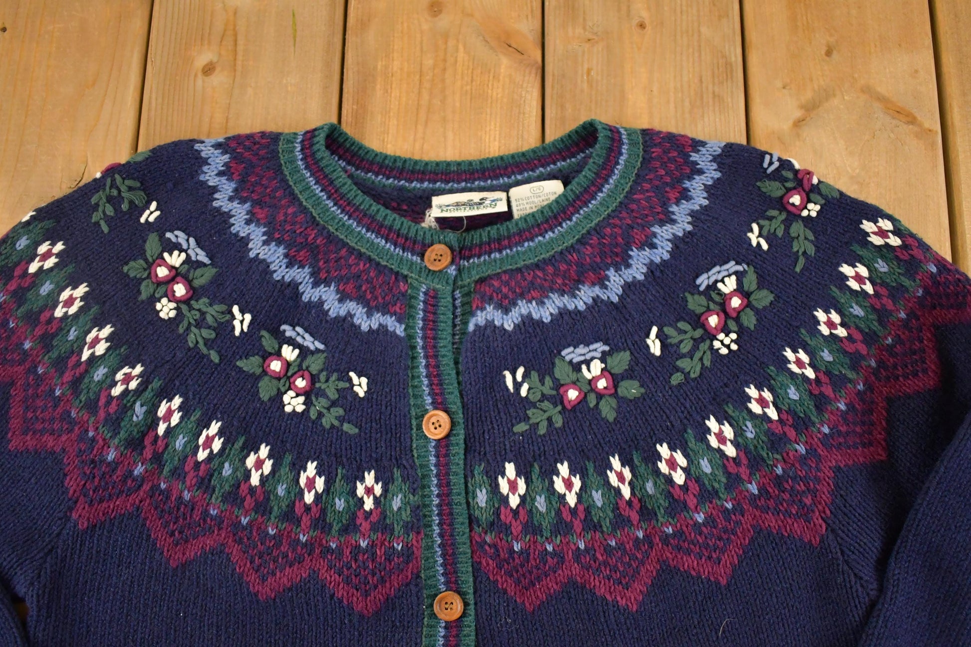 Vintage 90s Knit Cardigan: Northern Reflections Abstract Floral Sweater, Women's L from propervintagecanada