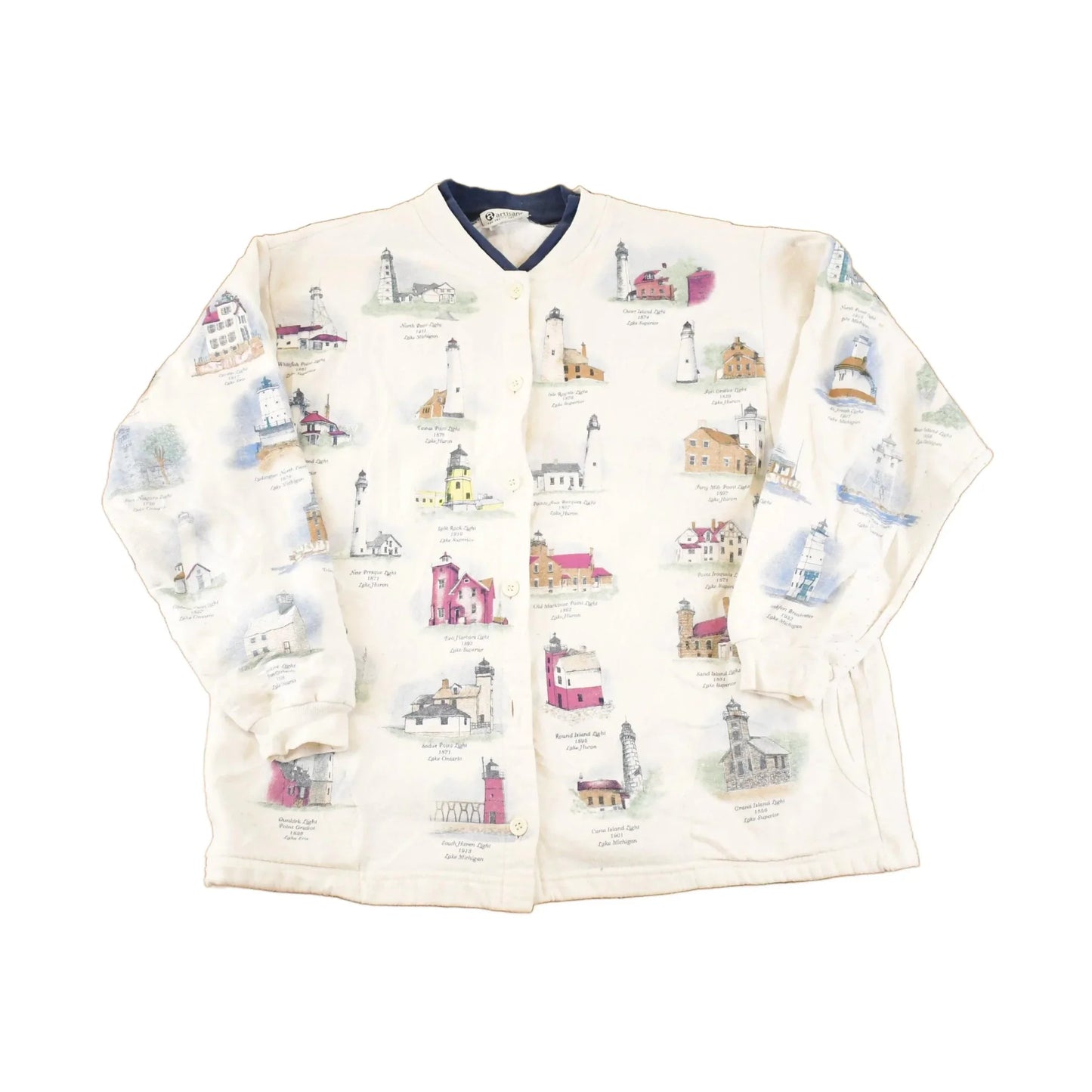 Vintage 90s Lighthouse Graphic Button Up Sweatshirt - Men's L Tourist Souvenir from propervintagecanada