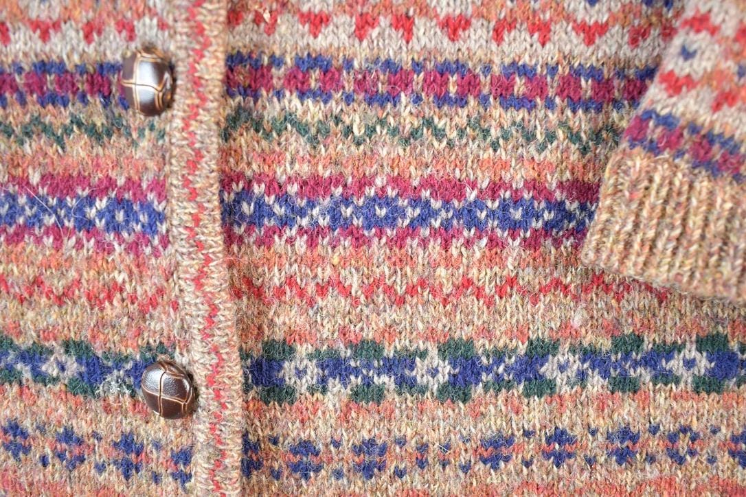 Vintage 90s Shetland Wool Knit Sweater Abstract Button Up Crewneck Mens S from propervintagecanada