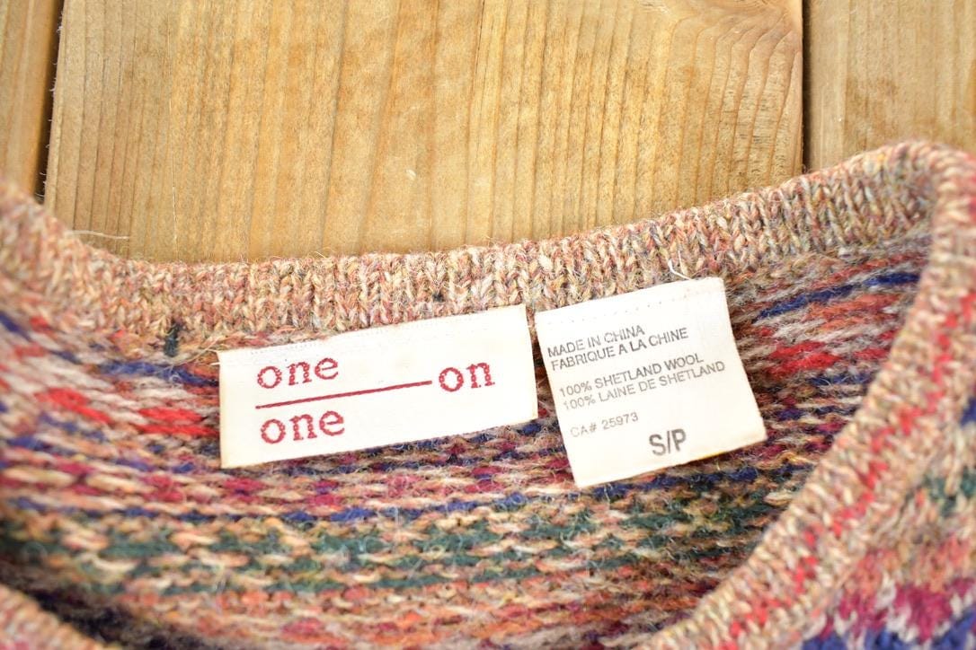 Vintage 90s Shetland Wool Knit Sweater Abstract Button Up Crewneck Mens S from propervintagecanada