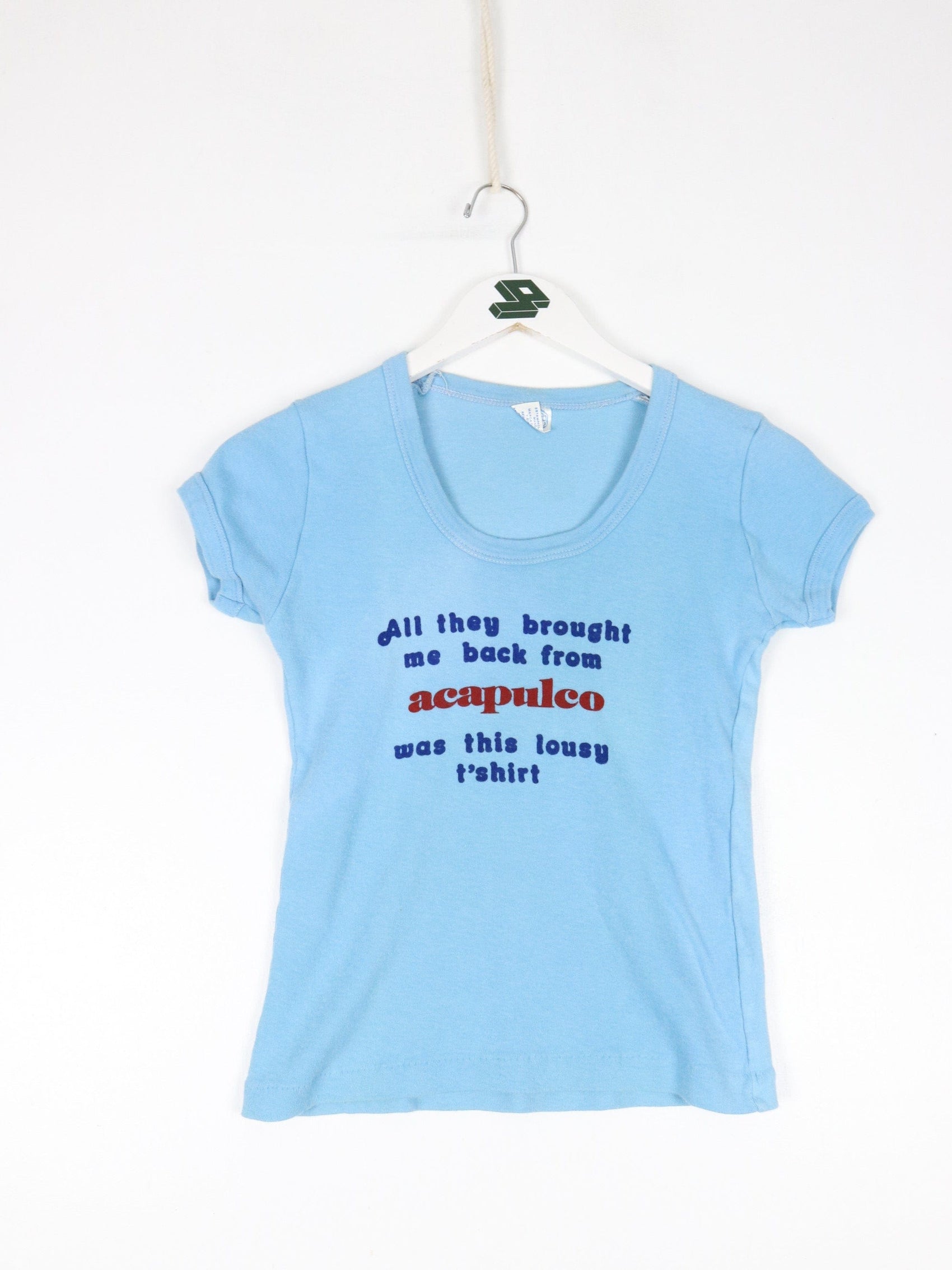 Vintage Acapulco T Shirt Womens XS Baby Tee Blue 80s Funny