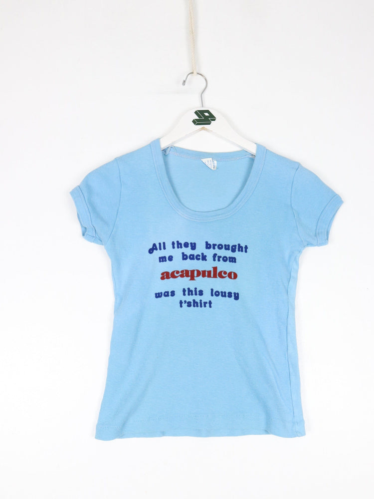 Vintage Acapulco T Shirt Womens XS Baby Tee Blue 80s Funny from propervintagecanada