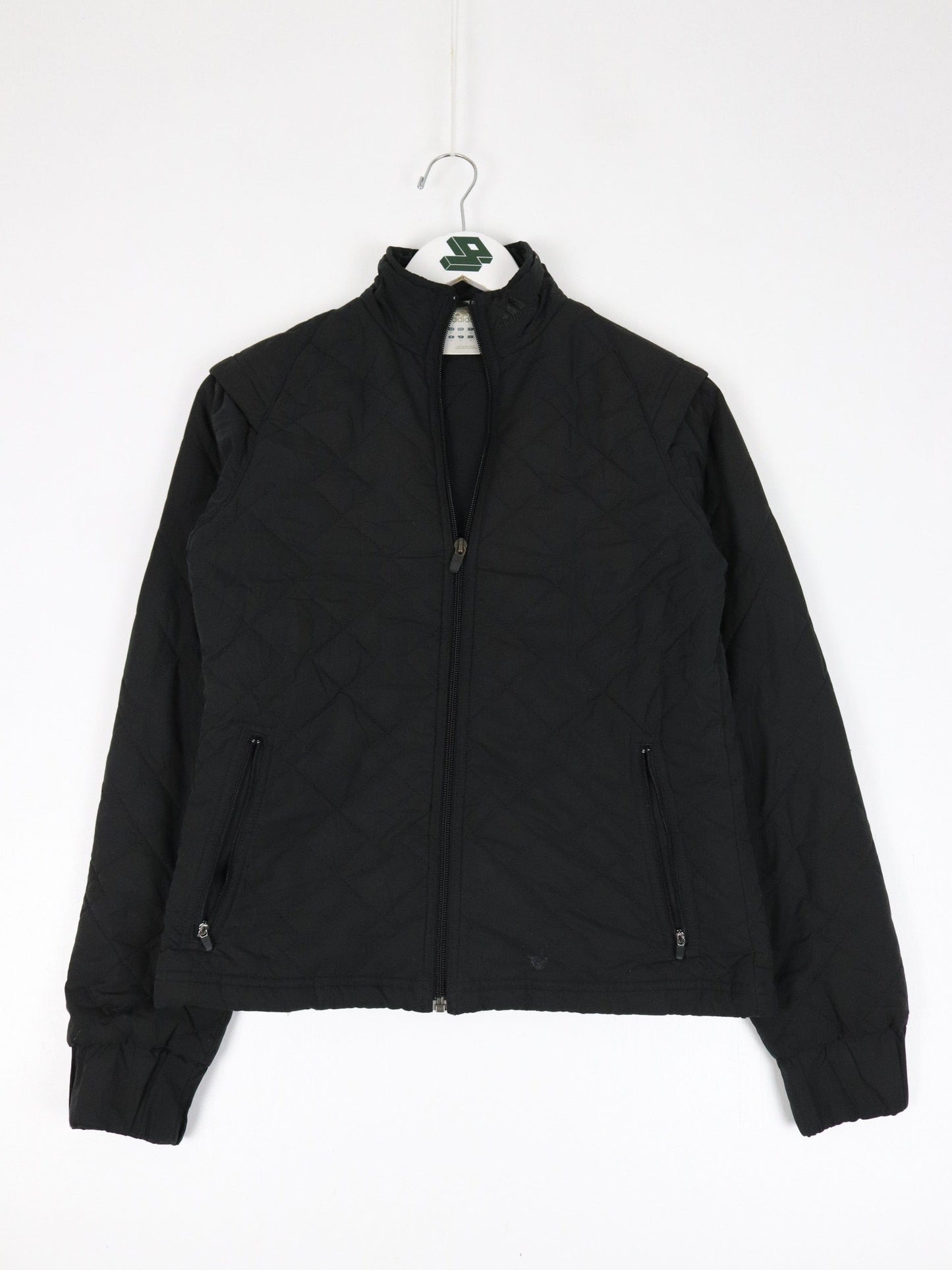 Vintage Adidas Jacket Womens Small Black Quilt Y2K Coat from propervintagecanada