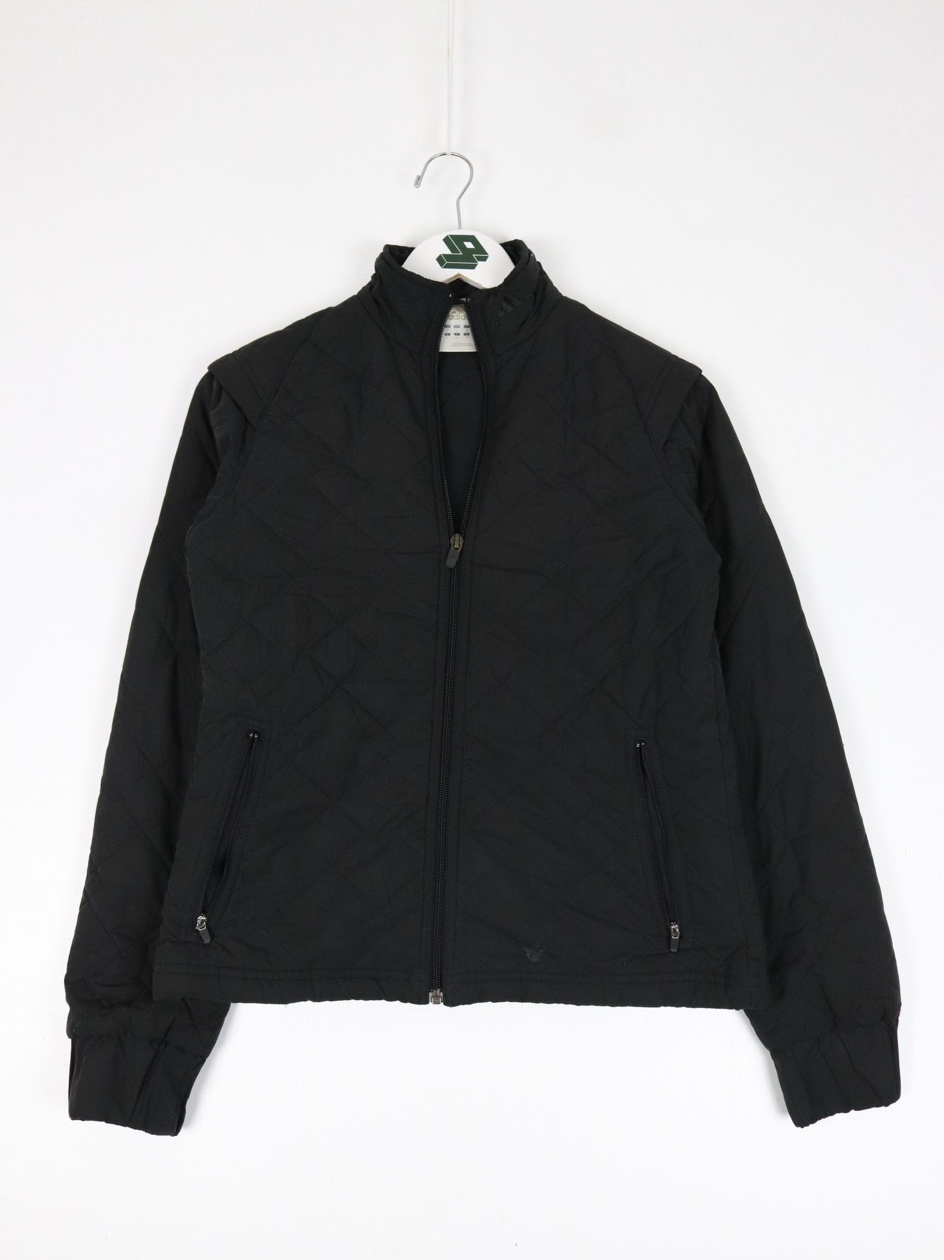 Vintage Adidas Jacket Womens Small Black Quilt Y2K Coat from propervintagecanada