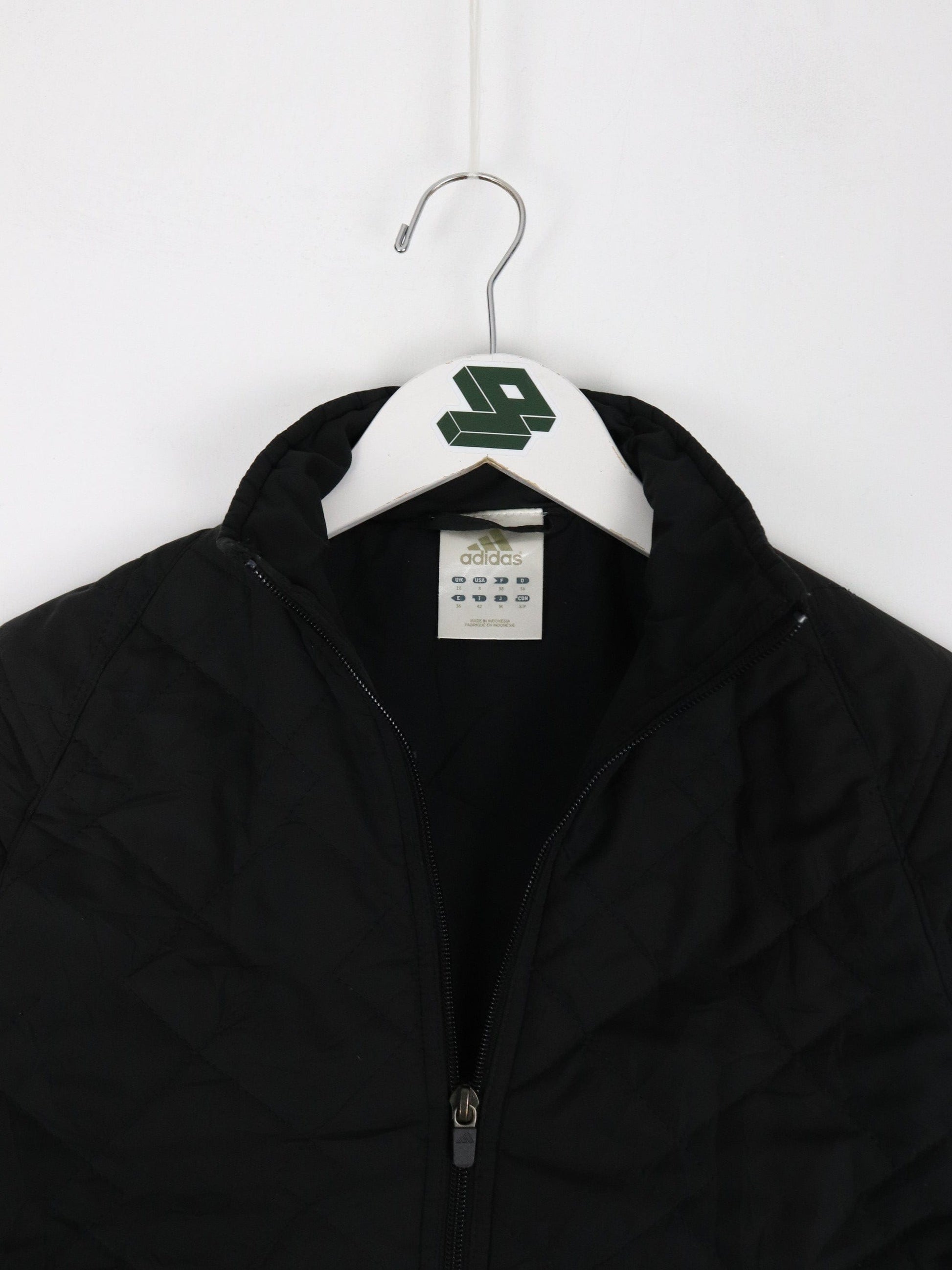 Vintage Adidas Jacket Womens Small Black Quilt Y2K Coat from propervintagecanada