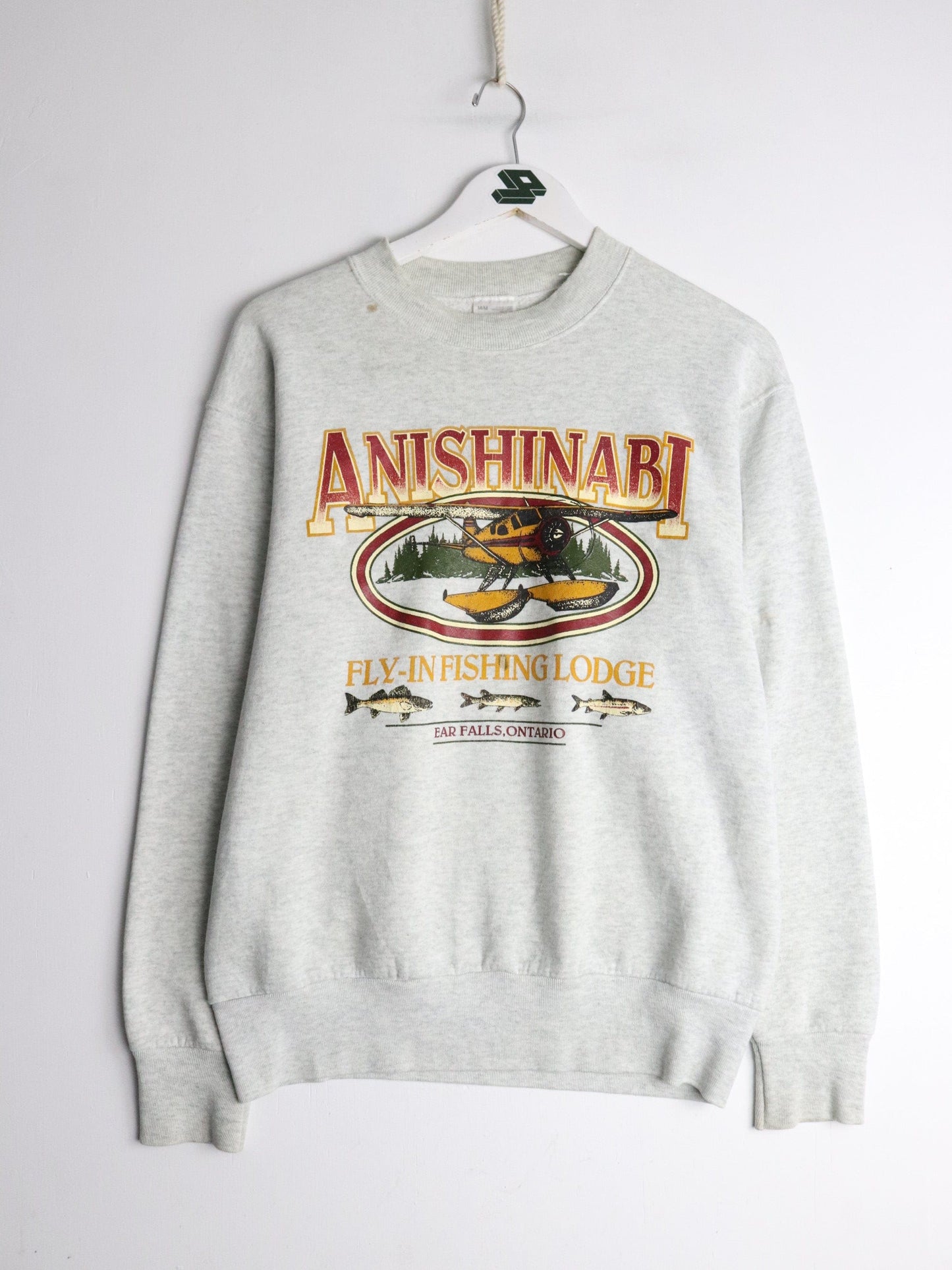 Vintage Anishinabi Fishing Lodge Sweatshirt Mens Medium Grey 90s from propervintagecanada