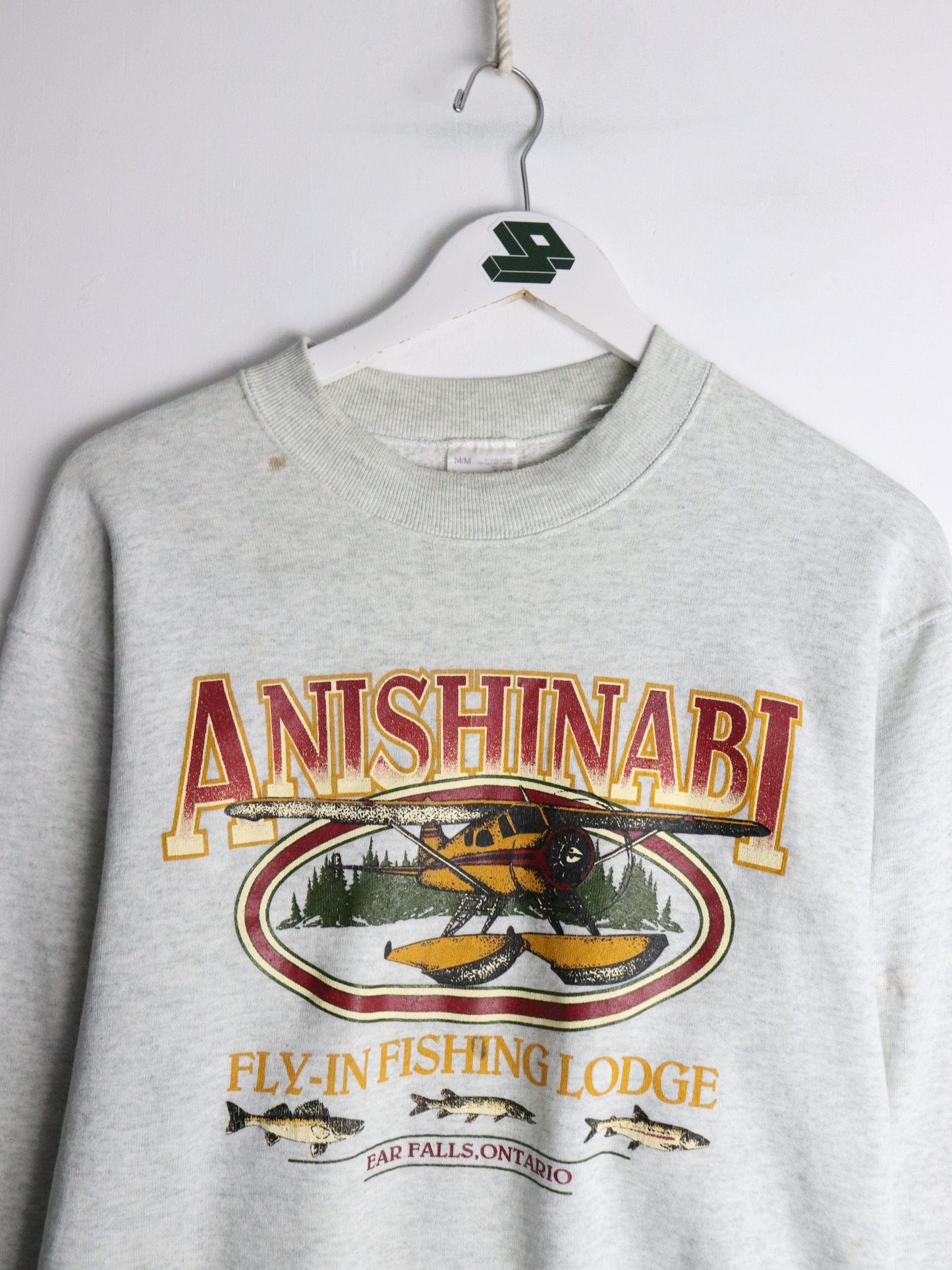 Vintage Anishinabi Fishing Lodge Sweatshirt Mens Medium Grey 90s from propervintagecanada
