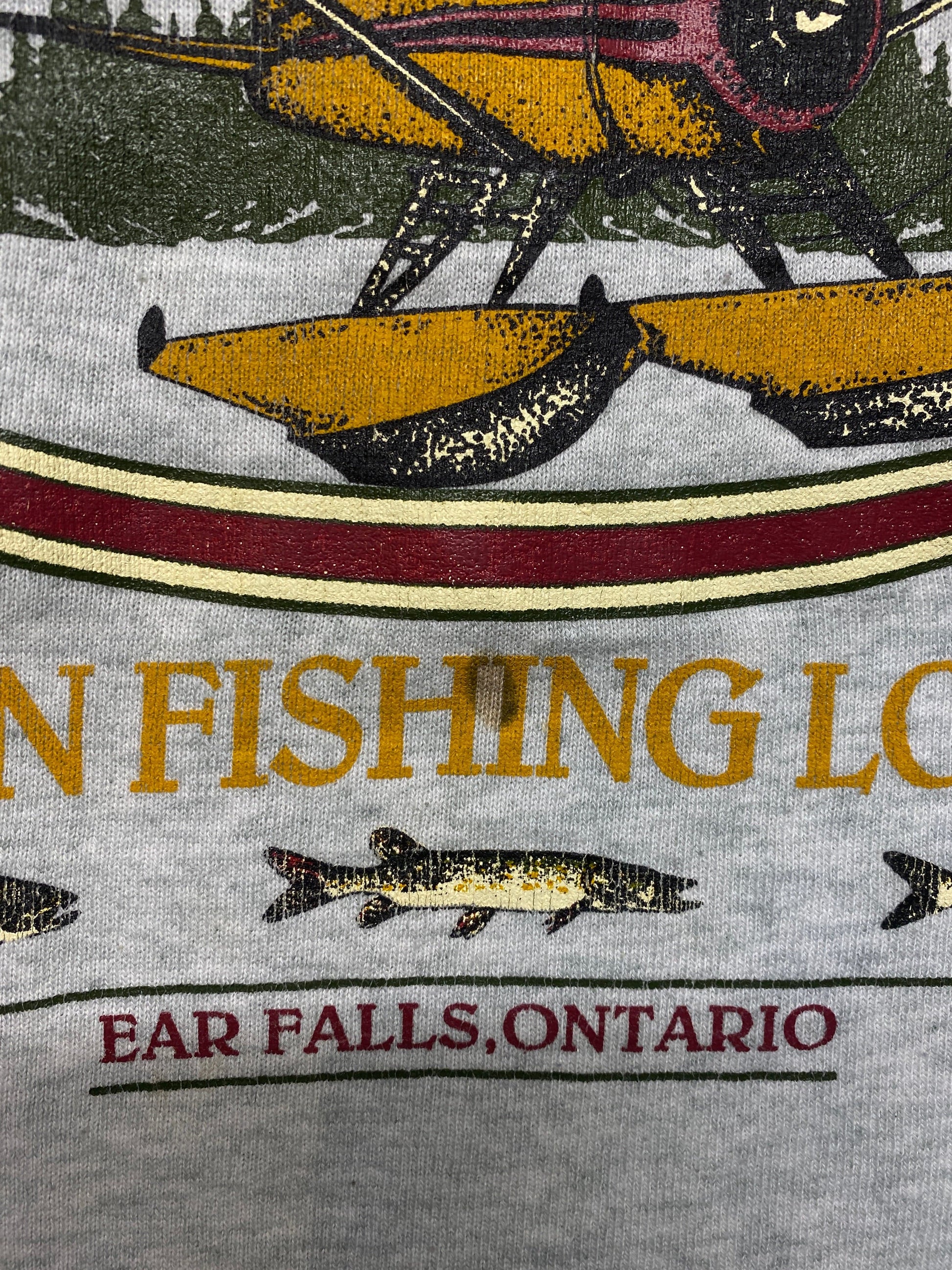 Vintage Anishinabi Fishing Lodge Sweatshirt Mens Medium Grey 90s from propervintagecanada