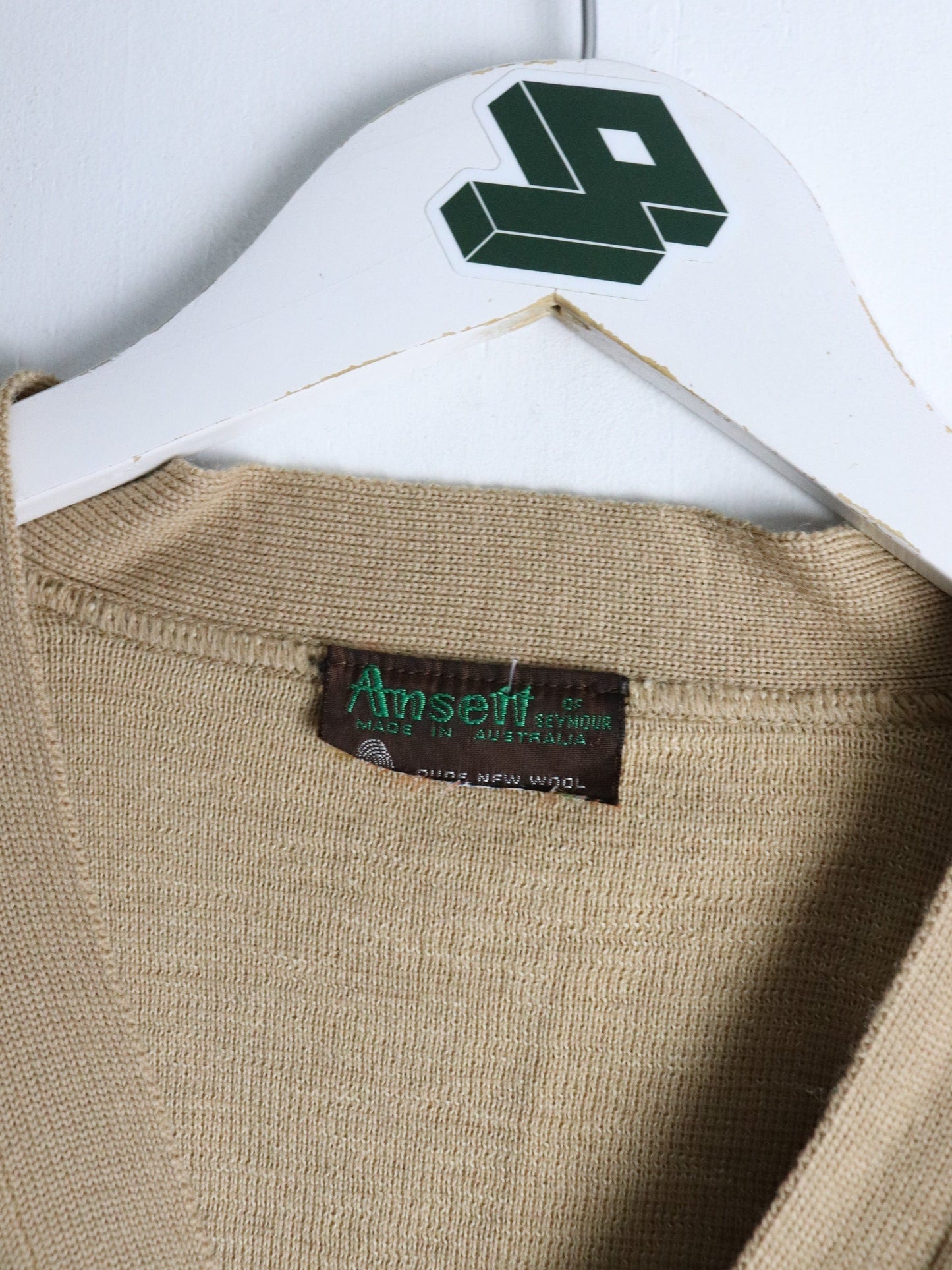 Vintage Ansett Sweater Mens Small Beige Knit Cardigan Wool from propervintagecanada