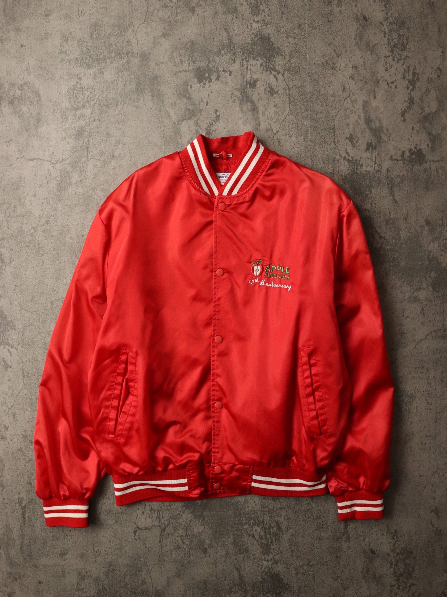 Vintage Apple Auto Glass Jacket Mens Large Red Satin Snap On Coat from propervintagecanada