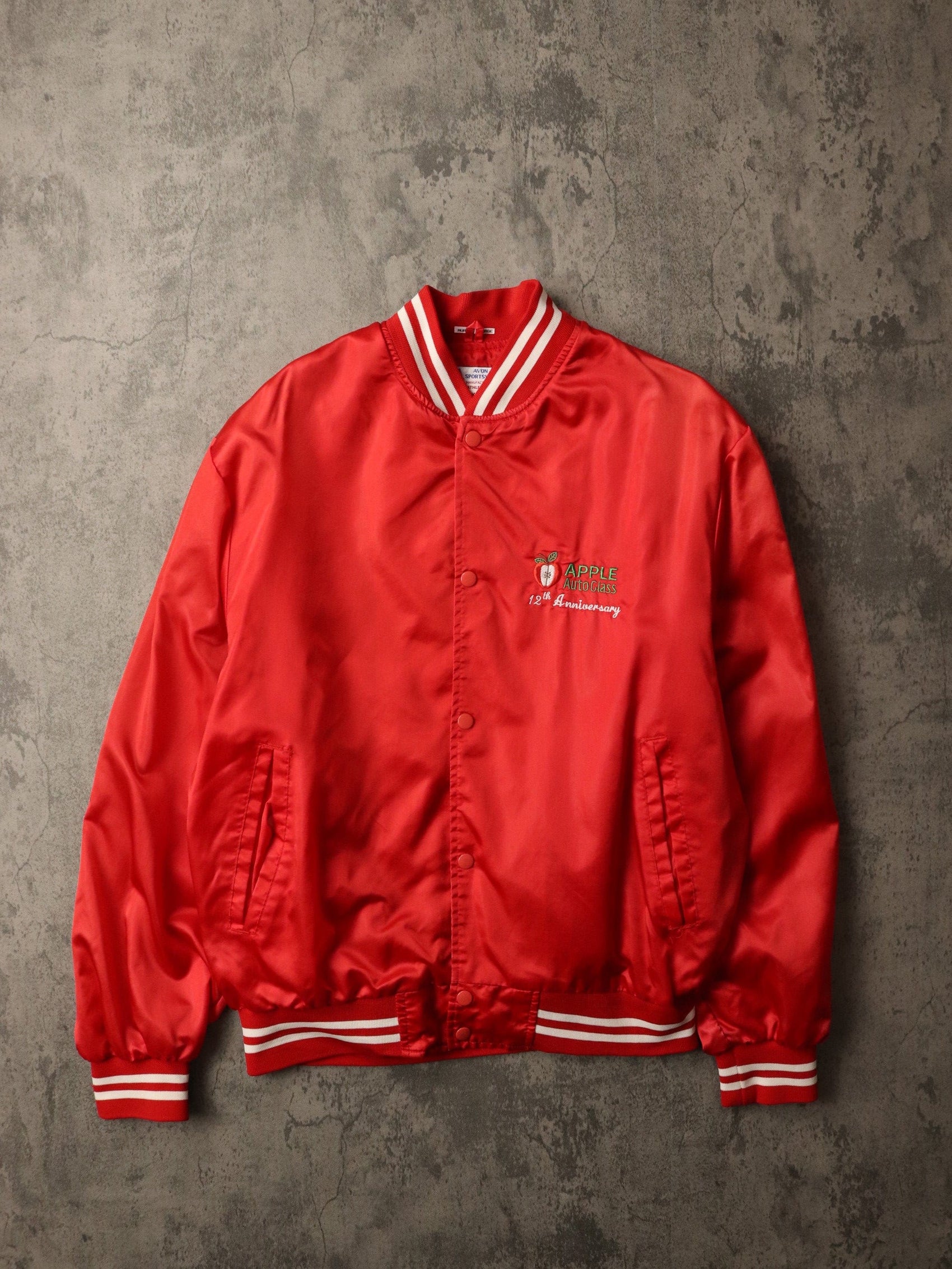 Vintage Apple Auto Glass Jacket Mens Large Red Satin Snap On Coat