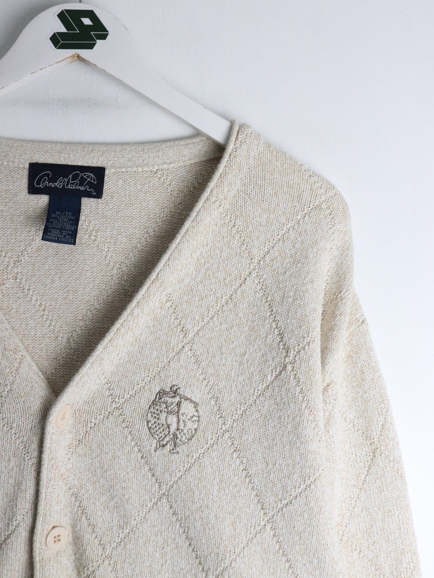 Vintage Arnold Palmer Sweater Mens XL Beige Knit Cardigan
