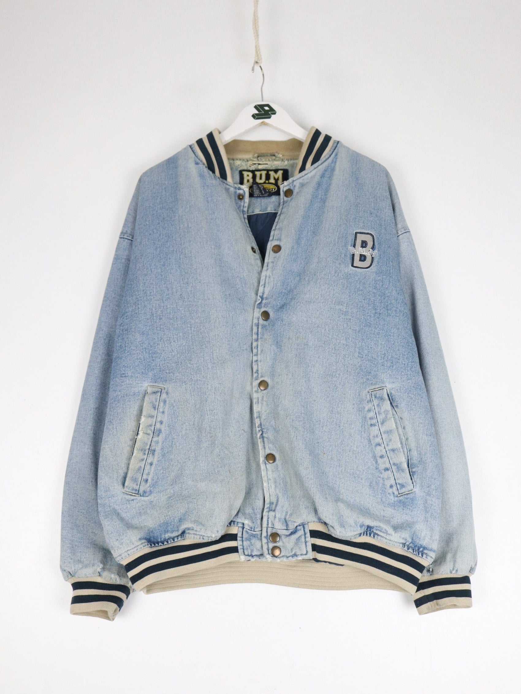 Vintage B.U.M. Equipment Jacket Mens Large Blue Denim Varsity