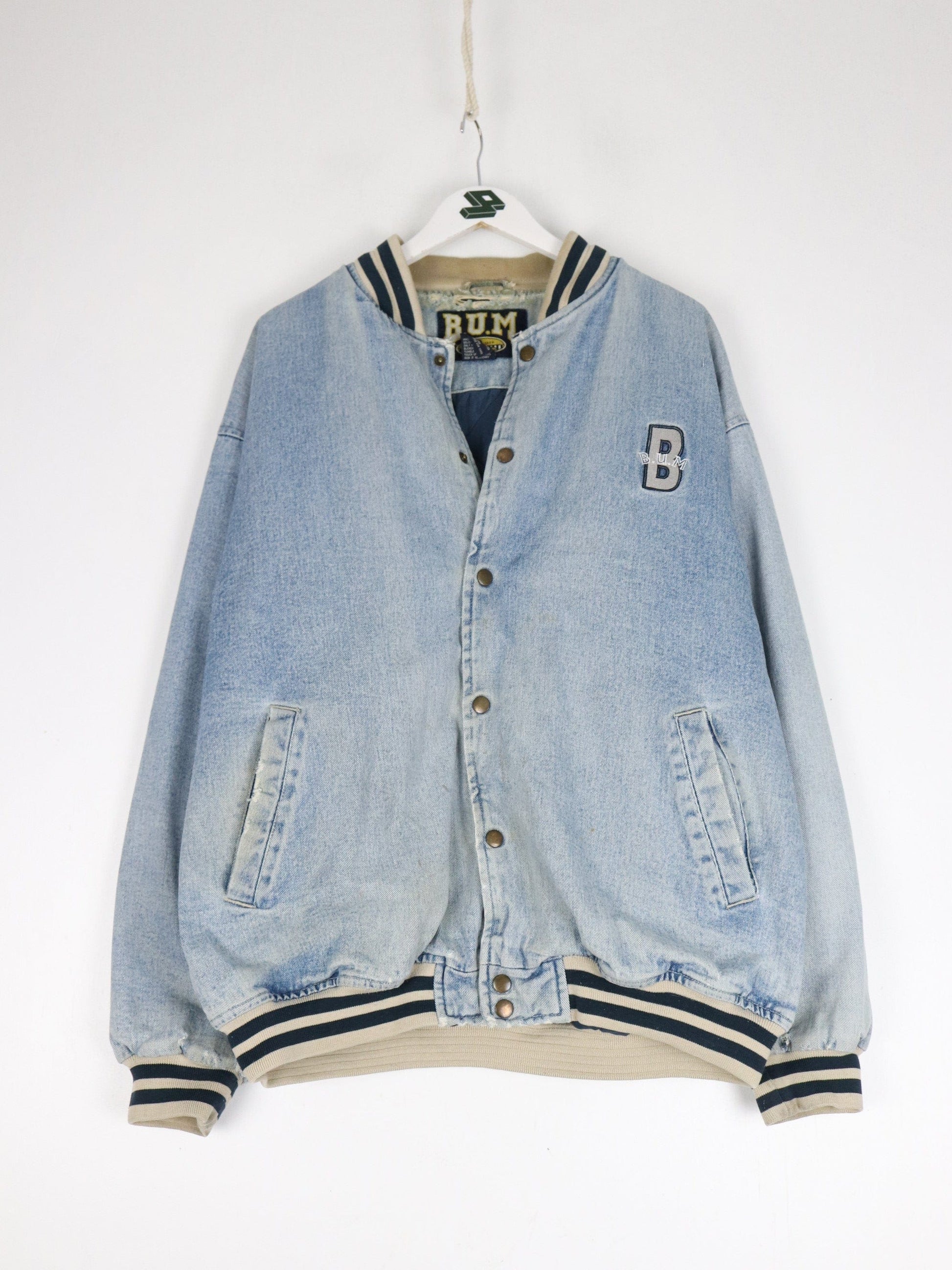 Vintage B.U.M. Equipment Jacket Mens Large Blue Denim Varsity from propervintagecanada