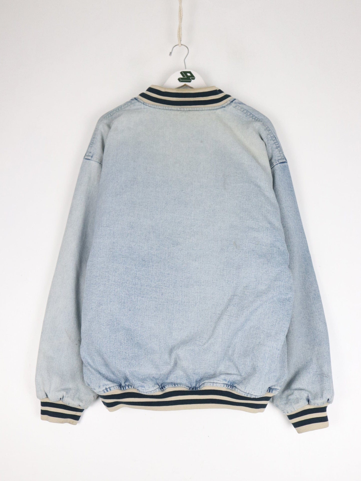 Vintage B.U.M. Equipment Jacket Mens Large Blue Denim Varsity from propervintagecanada