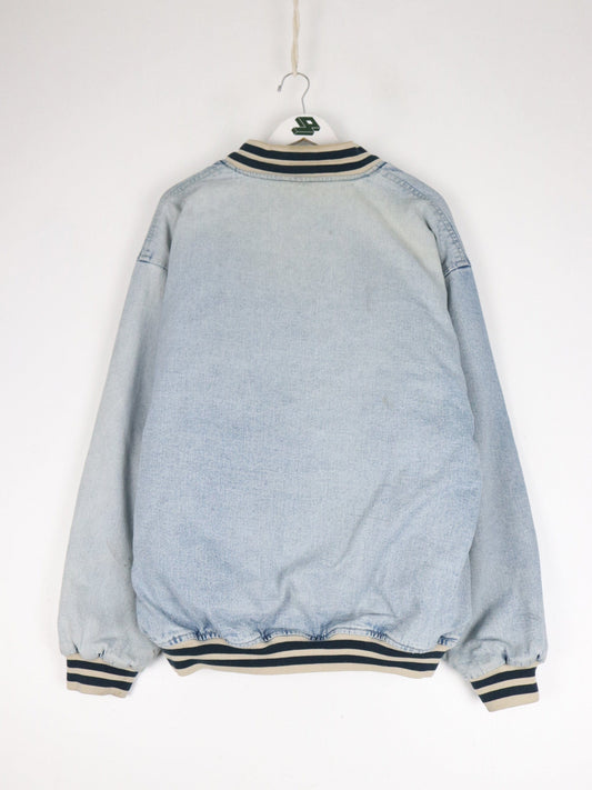 Vintage B.U.M. Equipment Jacket Mens Large Blue Denim Varsity