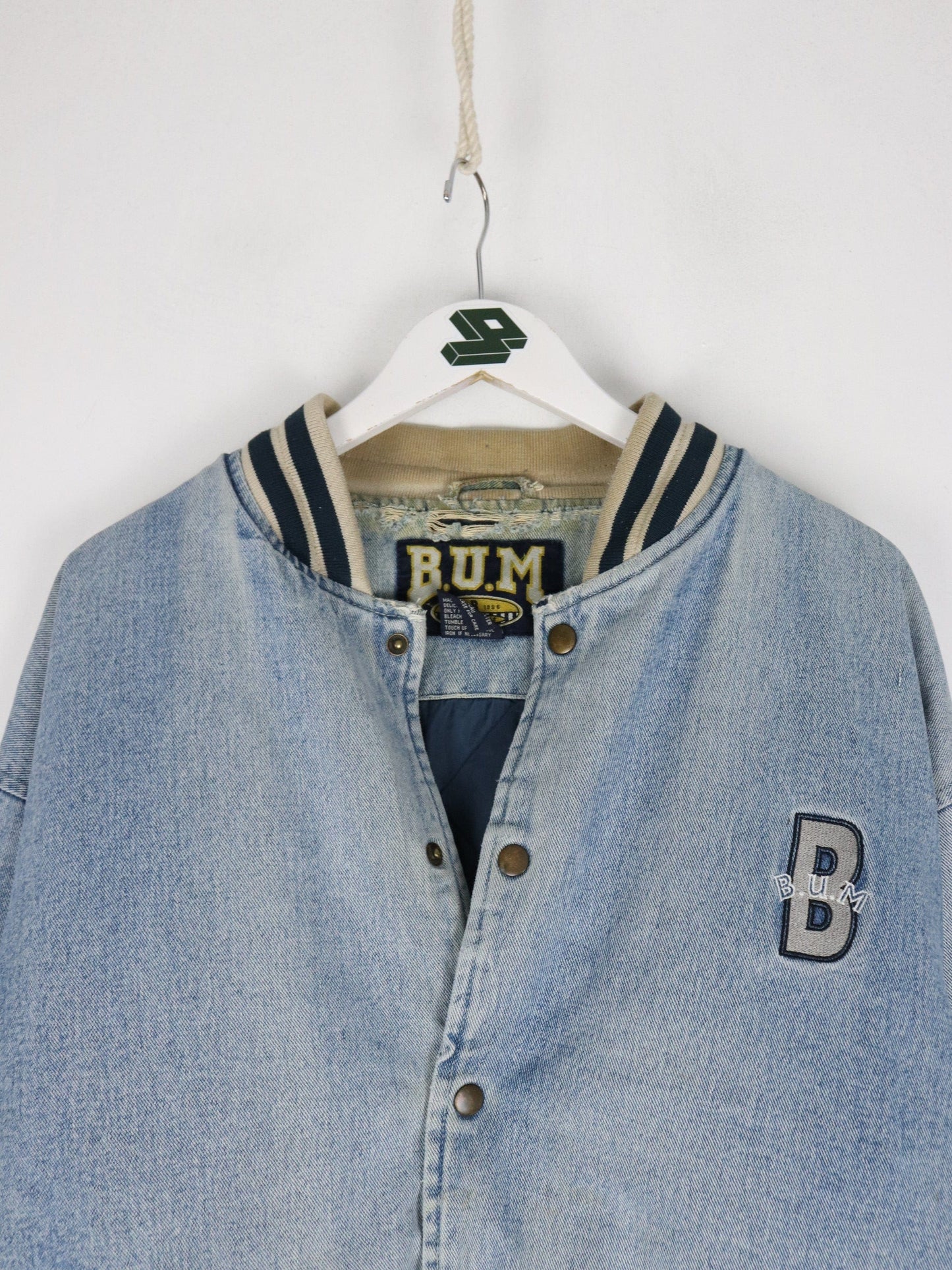 Vintage B.U.M. Equipment Jacket Mens Large Blue Denim Varsity from propervintagecanada