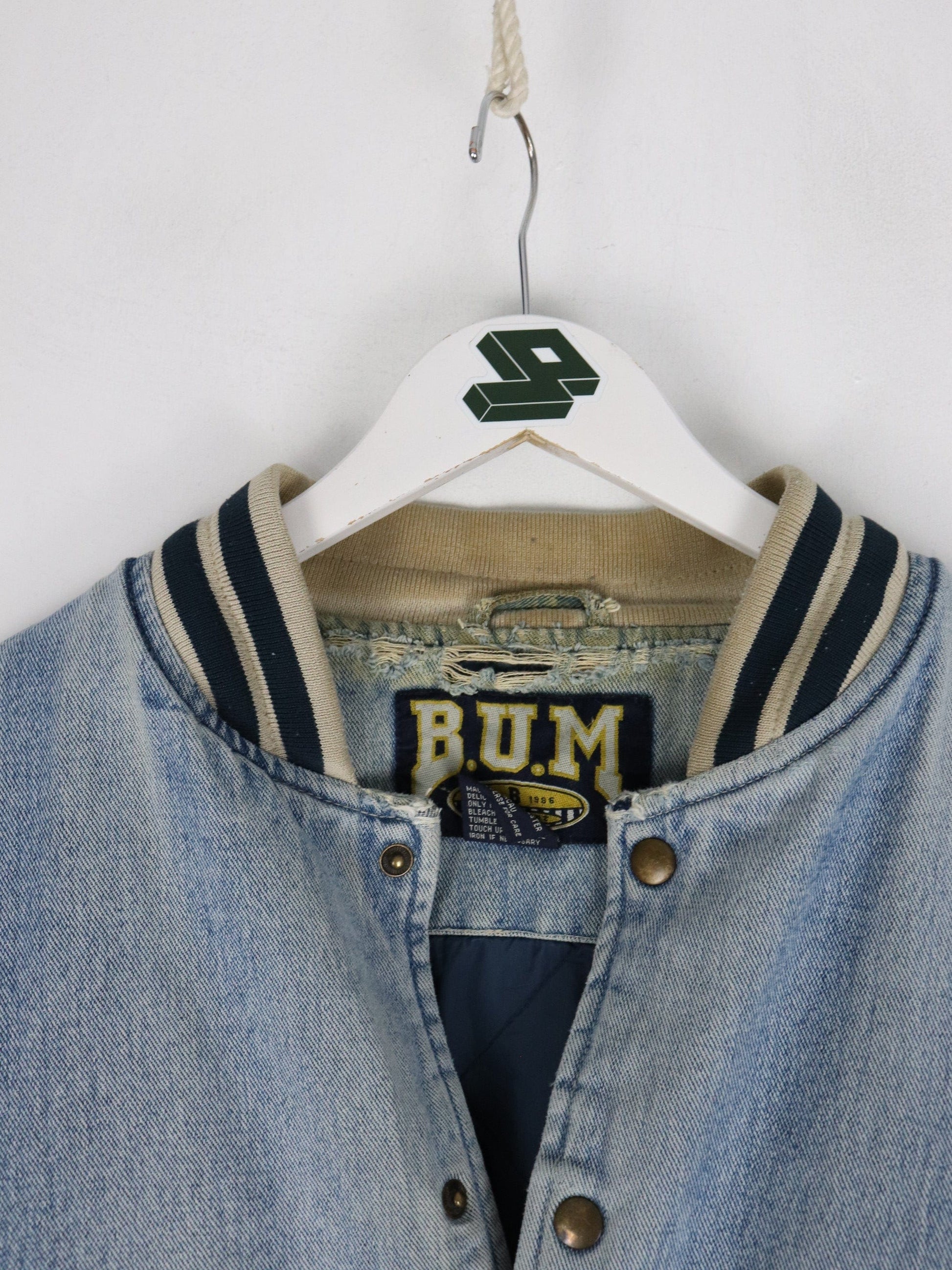 Vintage B.U.M. Equipment Jacket Mens Large Blue Denim Varsity from propervintagecanada