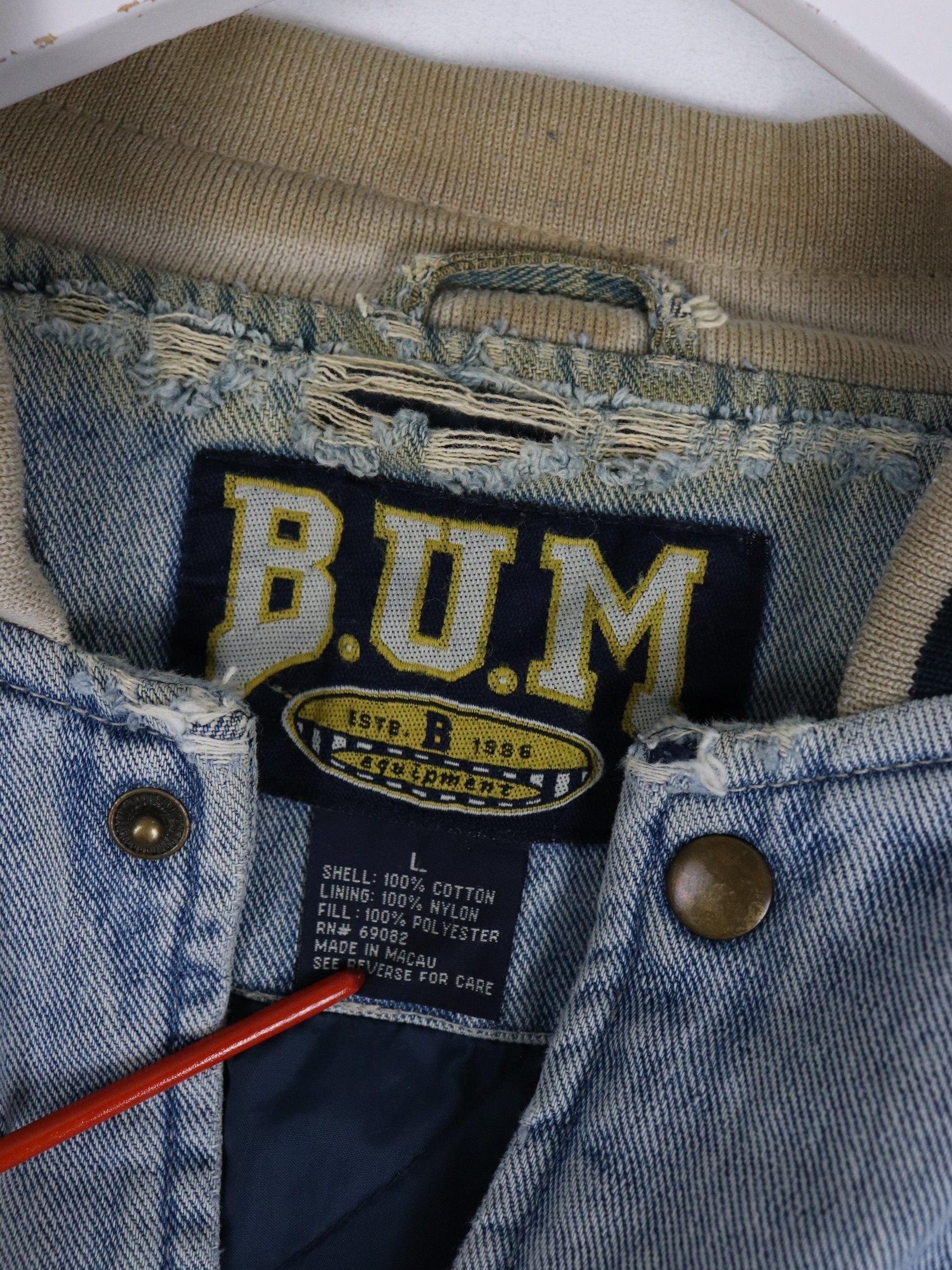 Vintage B.U.M. Equipment Jacket Mens Large Blue Denim Varsity from propervintagecanada