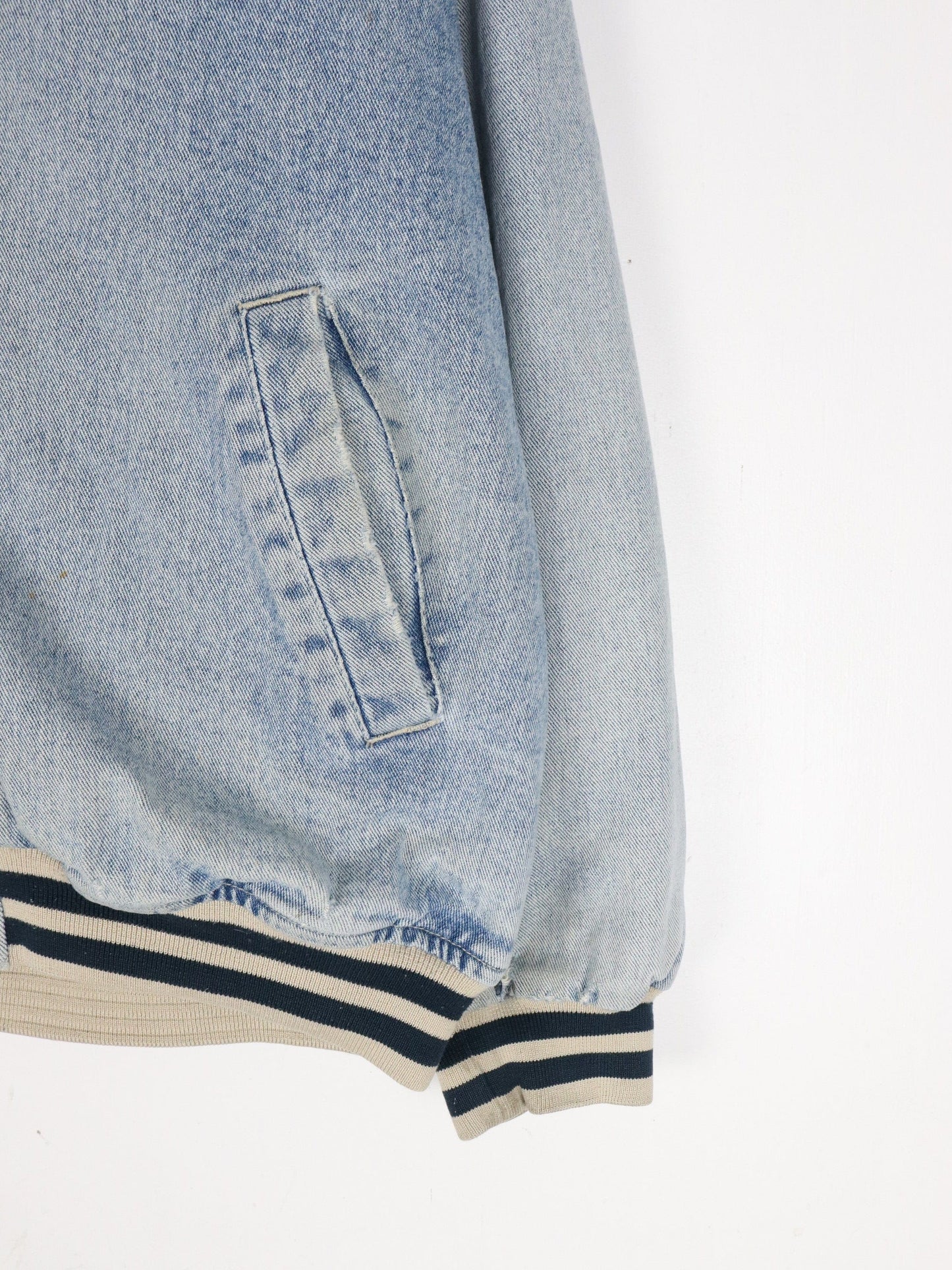 Vintage B.U.M. Equipment Jacket Mens Large Blue Denim Varsity from propervintagecanada