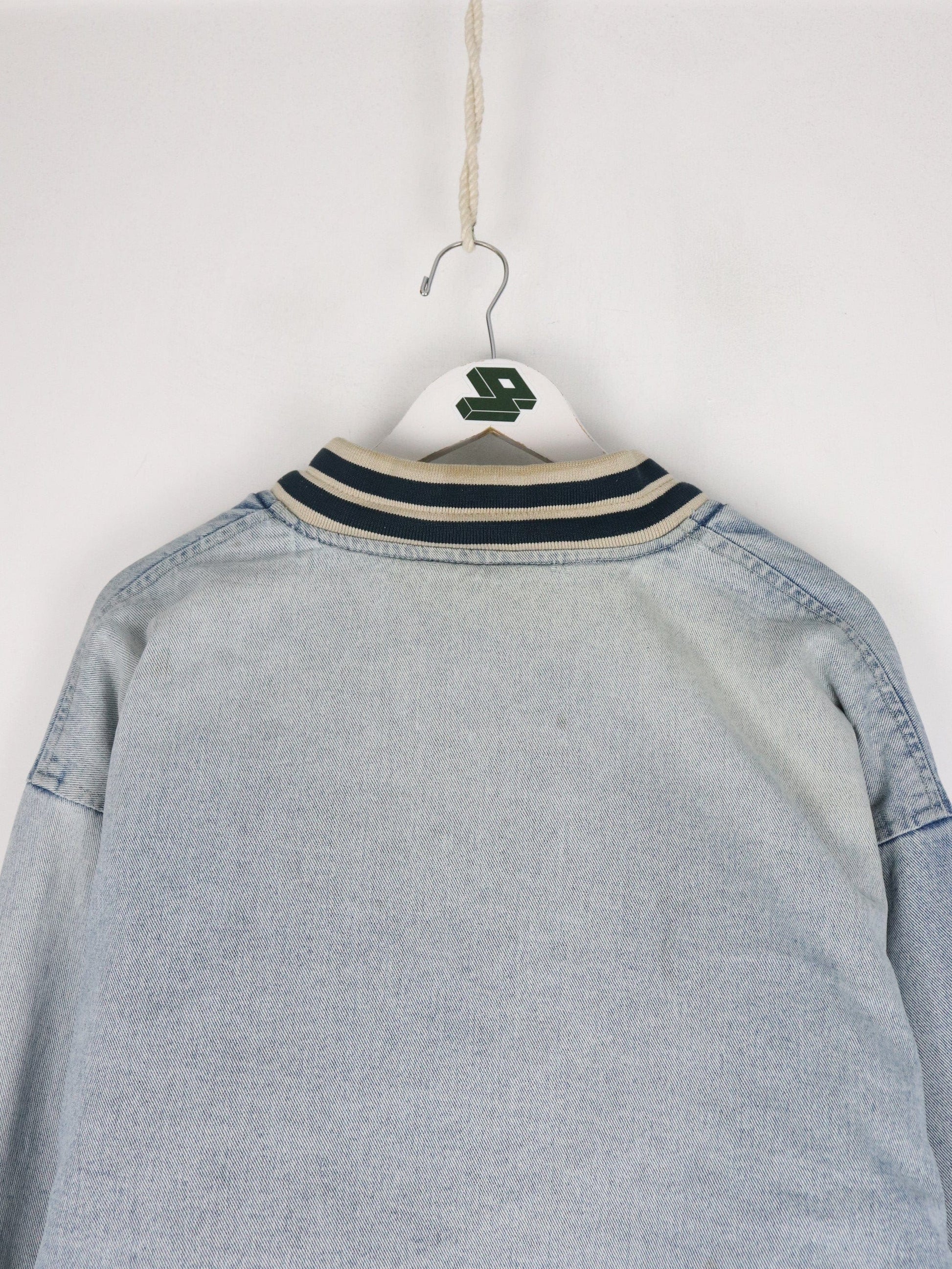 Vintage B.U.M. Equipment Jacket Mens Large Blue Denim Varsity from propervintagecanada