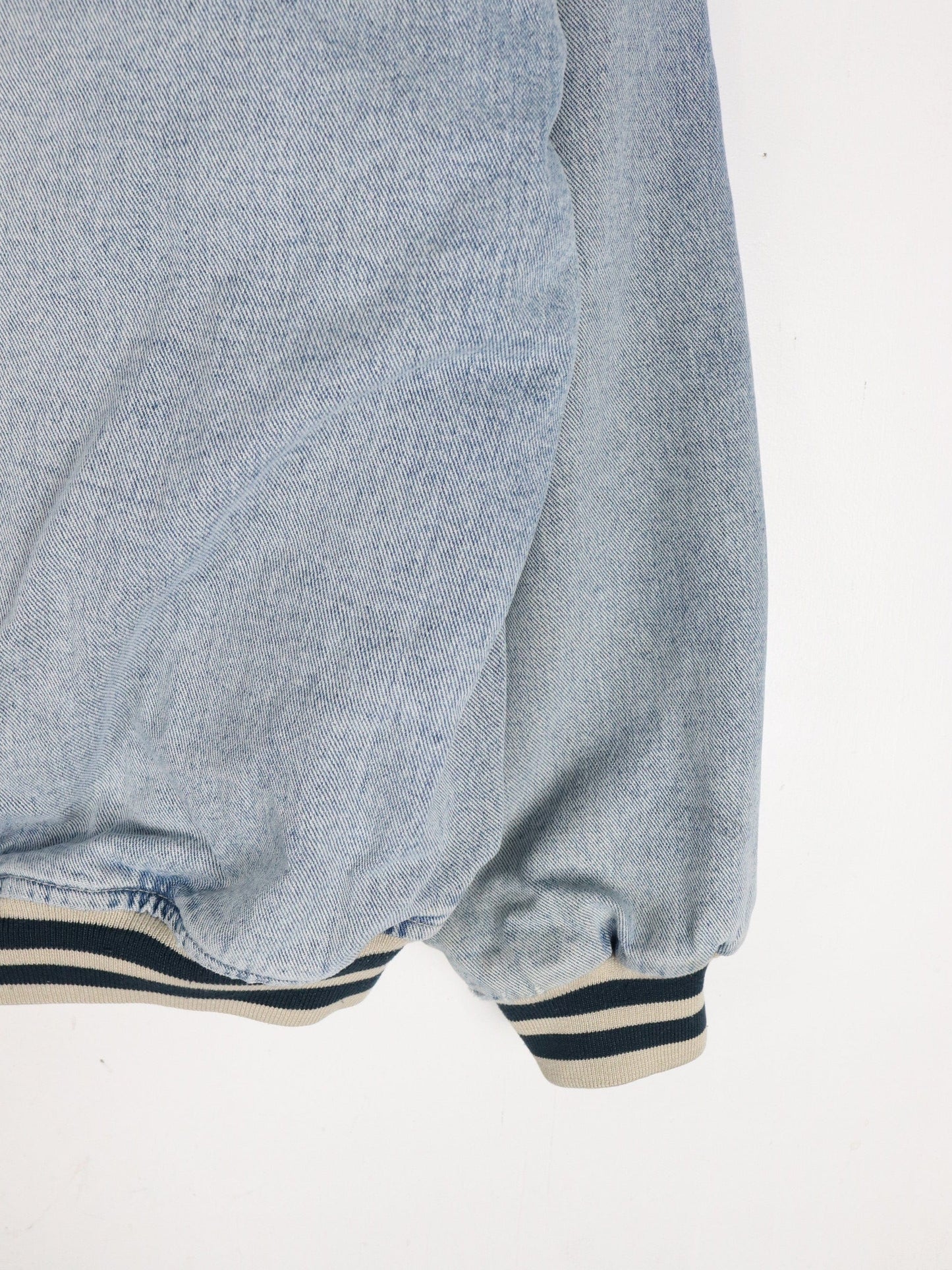 Vintage B.U.M. Equipment Jacket Mens Large Blue Denim Varsity from propervintagecanada