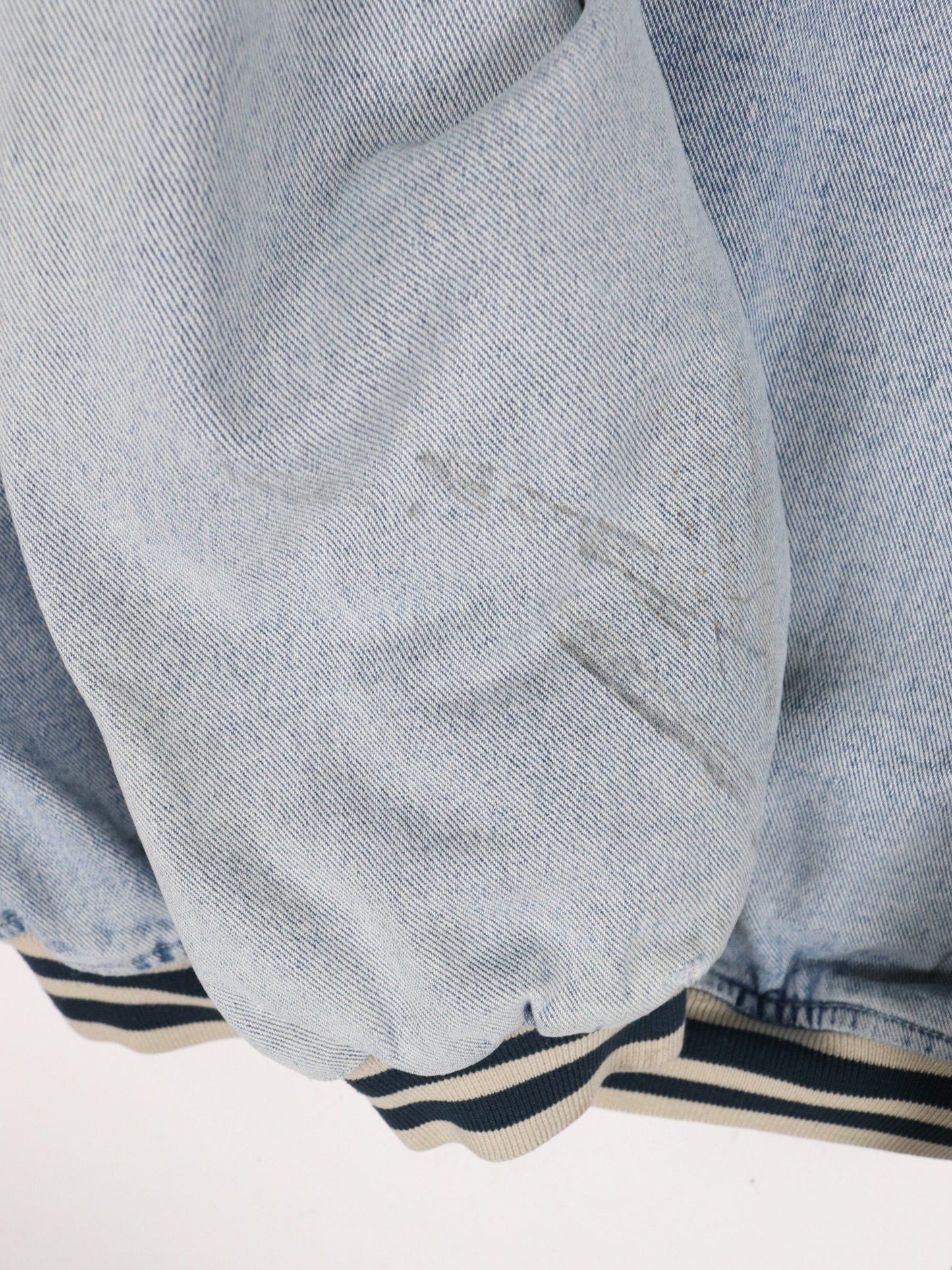 Vintage B.U.M. Equipment Jacket Mens Large Blue Denim Varsity from propervintagecanada