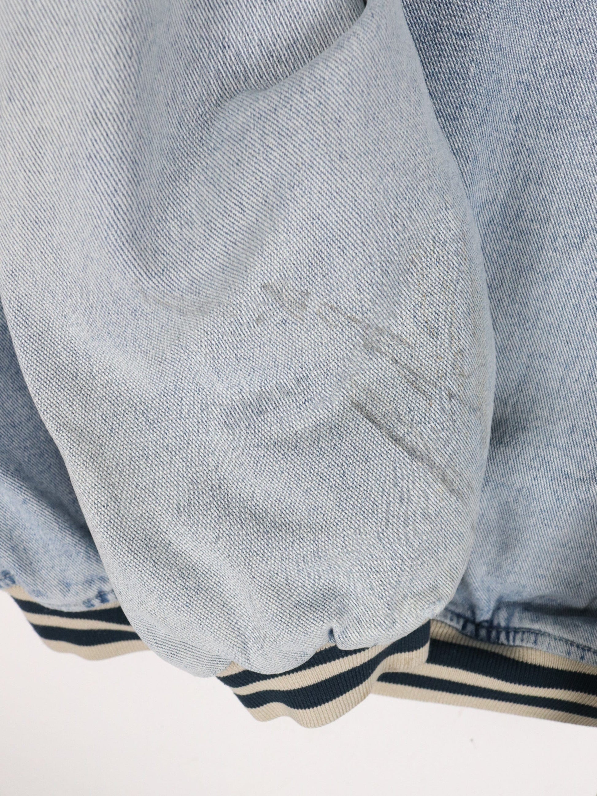 Vintage B.U.M. Equipment Jacket Mens Large Blue Denim Varsity from propervintagecanada