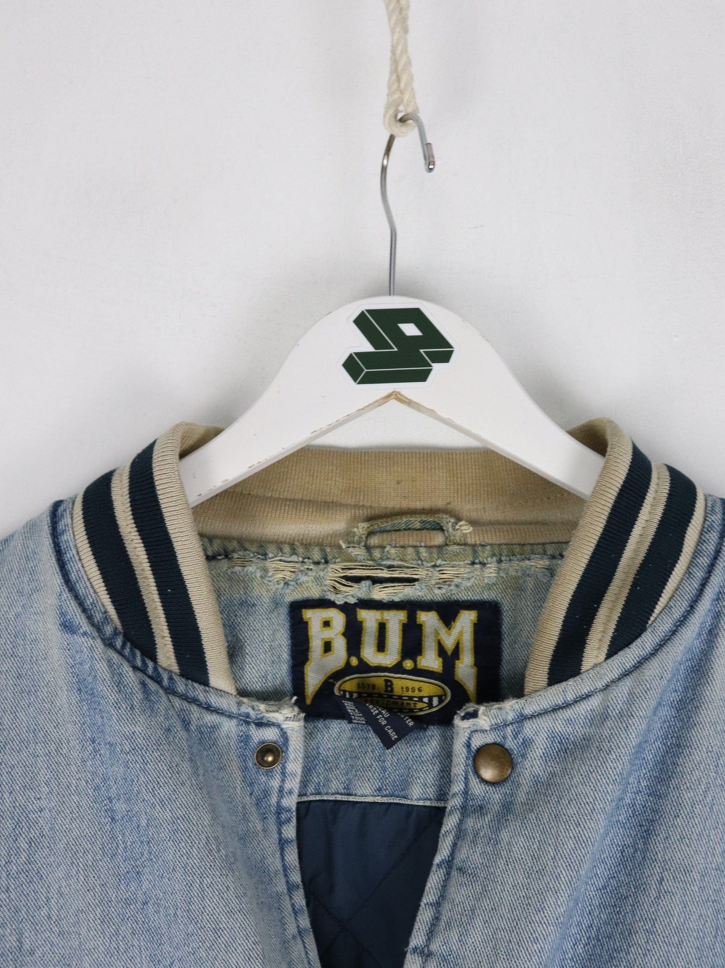 Vintage B.U.M. Equipment Jacket Mens Large Blue Denim Varsity from propervintagecanada