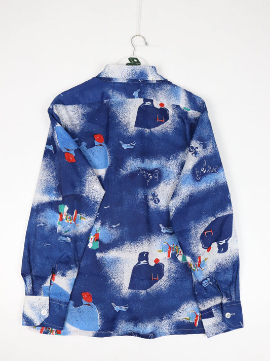 Vintage Cellini Shirt Mens 17 XL Blue Button Up Pattern 70s