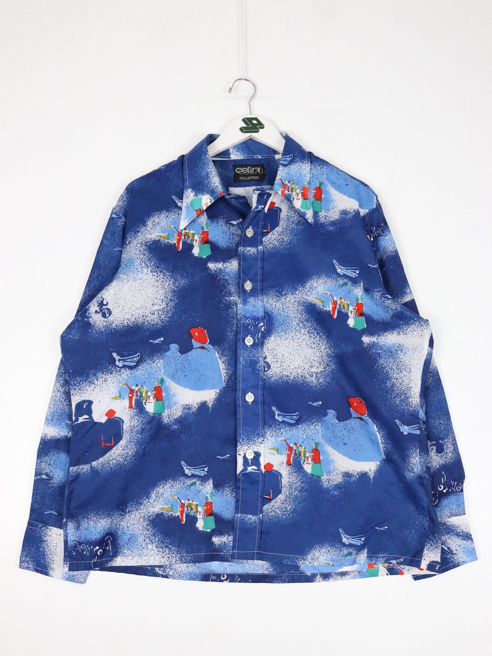 Vintage Cellini Shirt Mens 17 XL Blue Button Up Pattern 70s