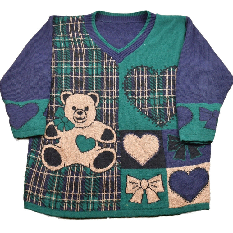Vintage Cute teddy Bear Plaid V-Neck Knitted Sweater Men's XL from propervintagecanada