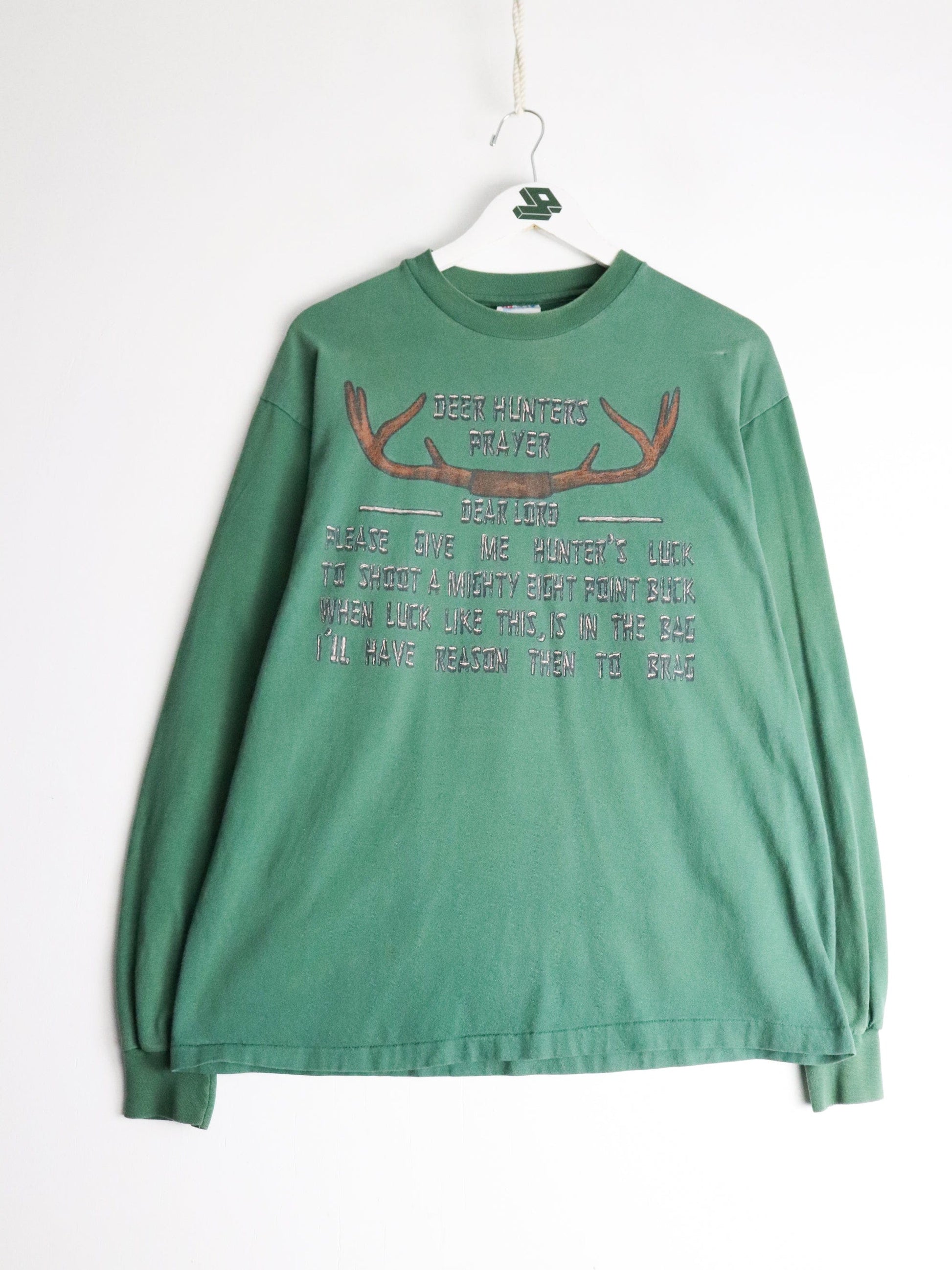 Vintage Deer Hunters Prayer T Shirt Mens Large Green Funny from propervintagecanada