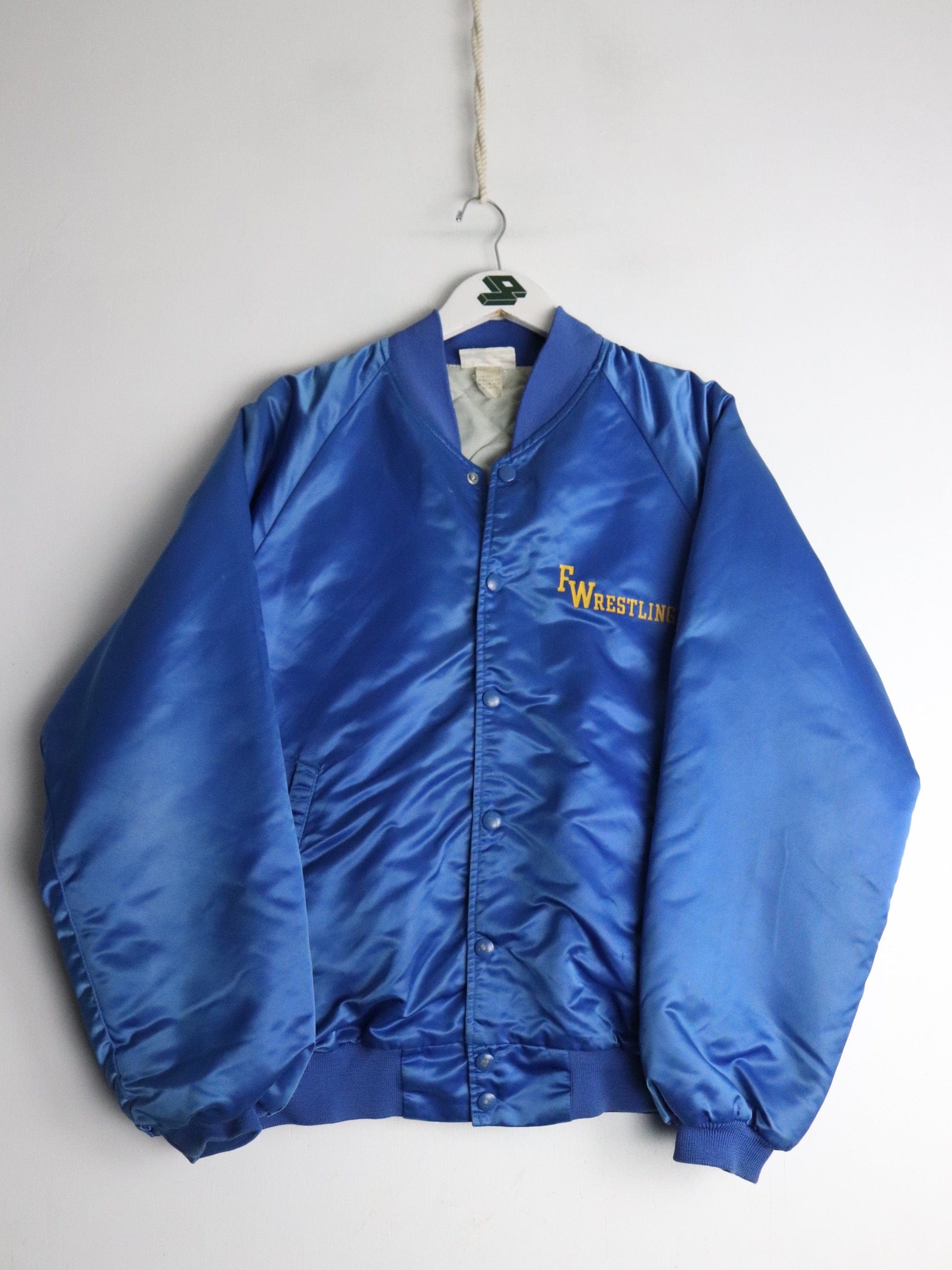 Vintage Flowing Wells Wrestling Jacket Mens Medium Blue Satin from propervintagecanada