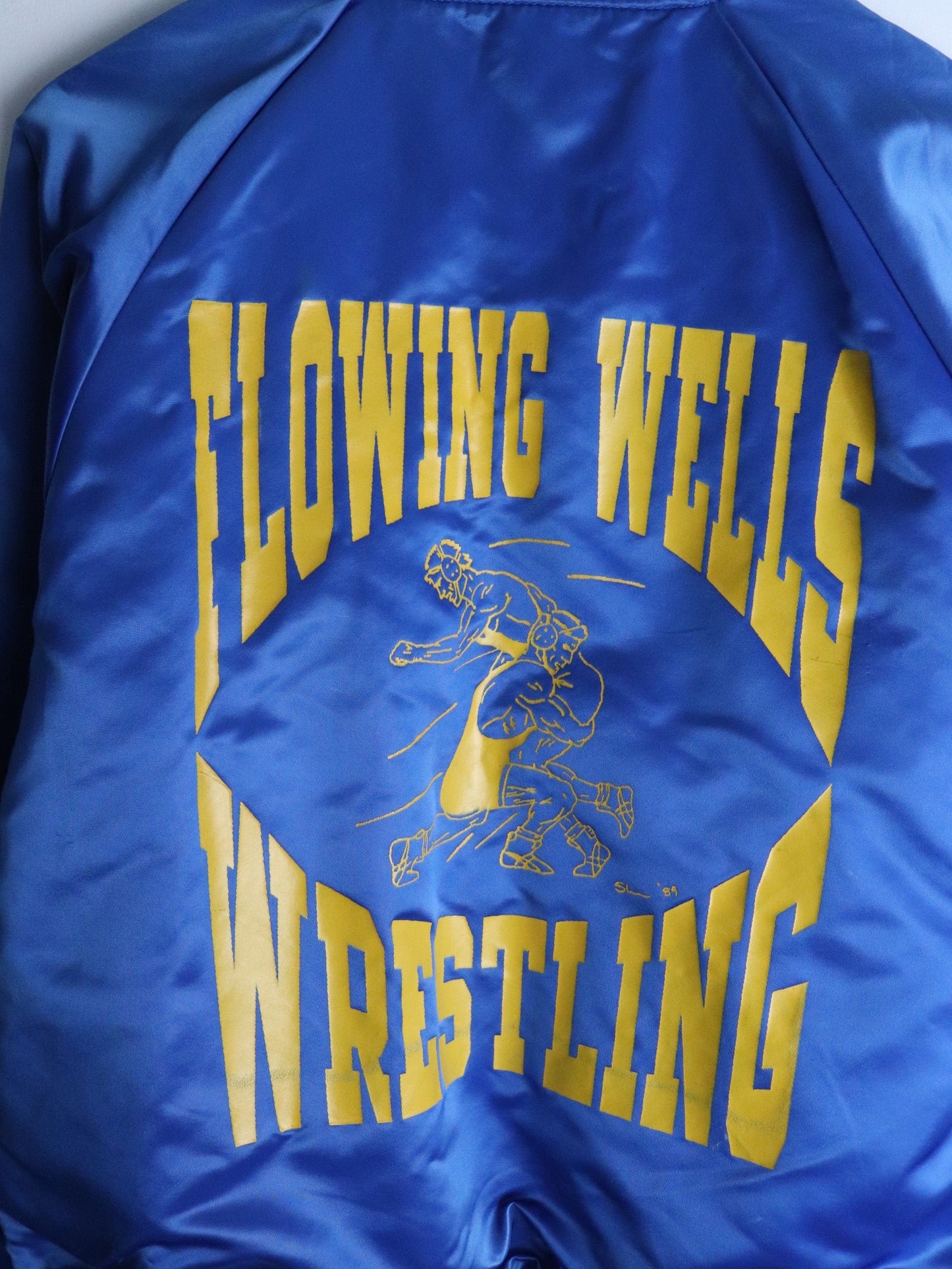 Vintage Flowing Wells Wrestling Jacket Mens Medium Blue Satin from propervintagecanada