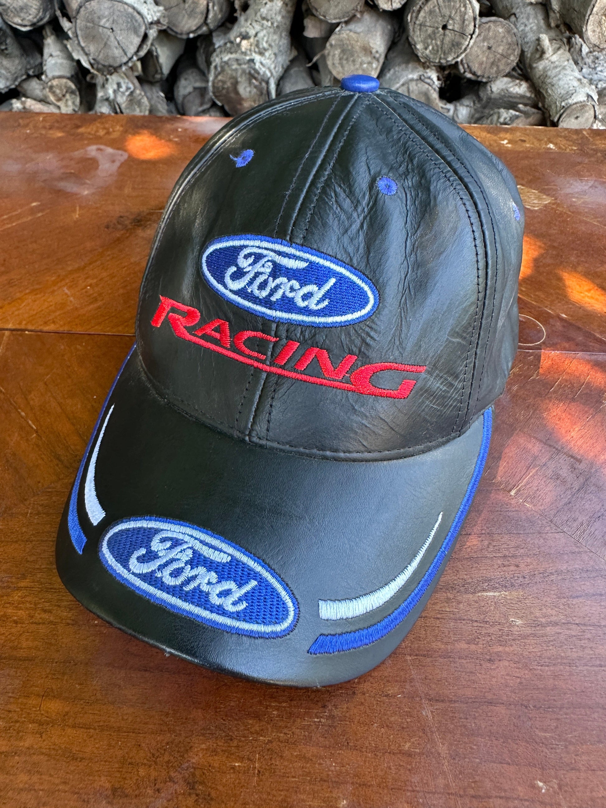 Vintage Ford Racing Leather Hat Adult Black Strap Back from propervintagecanada